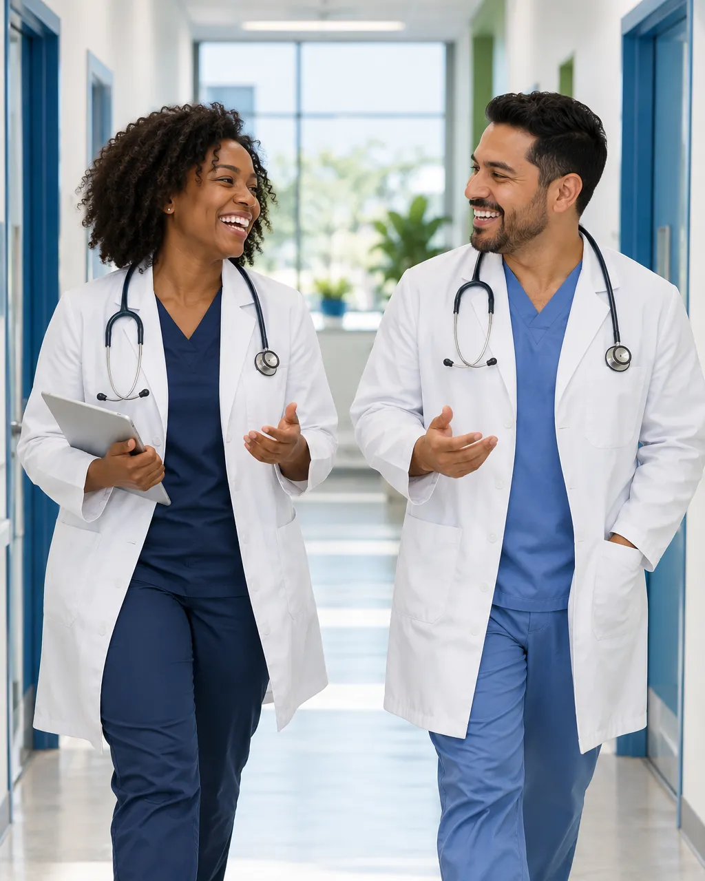 Two physicians, a Black woman and a Latino man, walking and talking in a bright clinic corridor with white walls and…