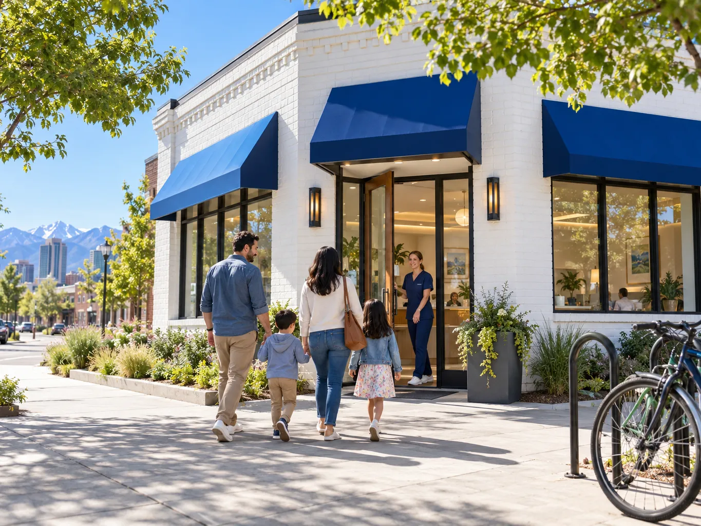 Exterior of a small neighborhood medical clinic in a renovated white-painted brick building with blue fabric awnings…