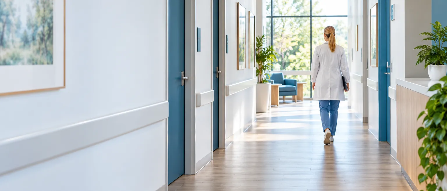 A bright modern clinic hallway with white walls, light wood floor and blue accent doors, a clinician in a white coat…