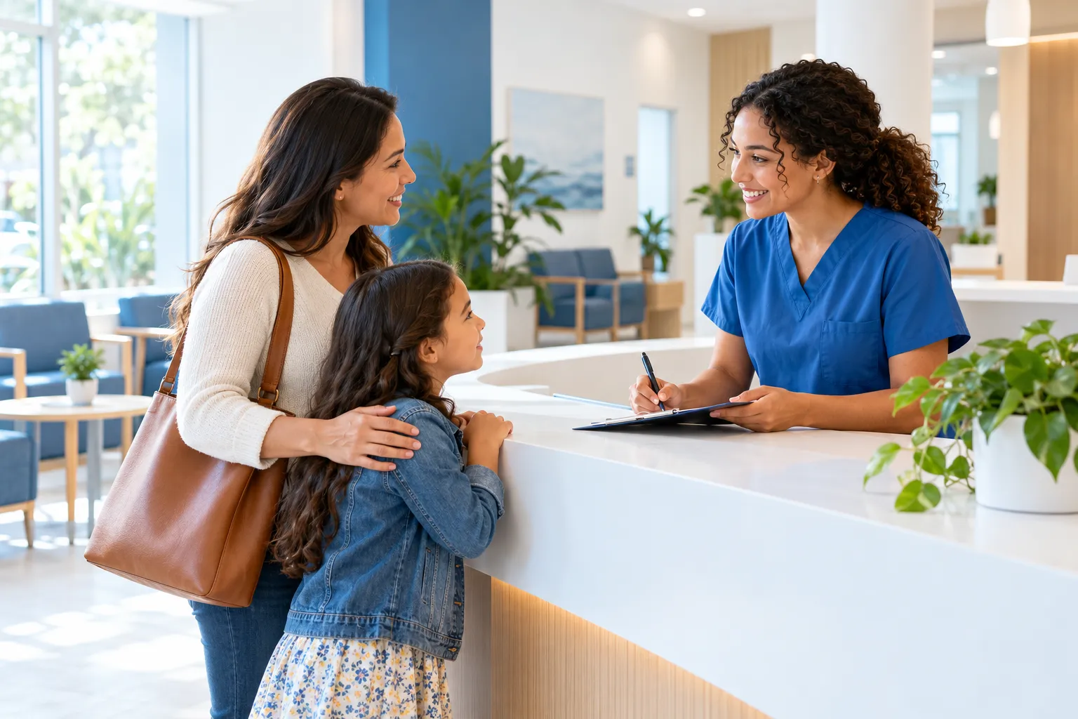 Bright urgent care reception with a parent and child checking in at a white desk, a nurse in blue scrubs greeting…