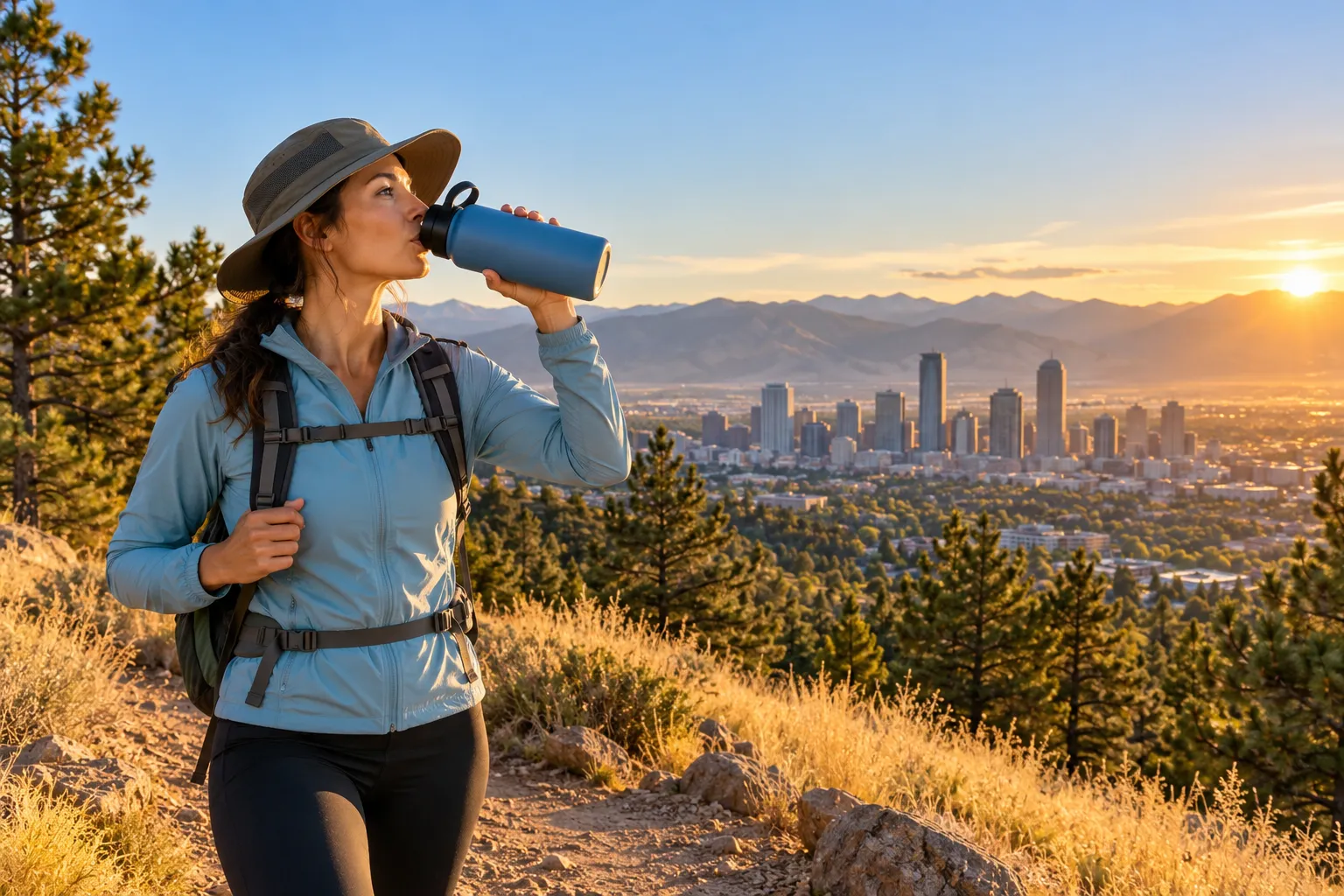 Hiker drinking from a water bottle on a trail overlooking the Denver skyline and foothills at golden hour, wearing a…