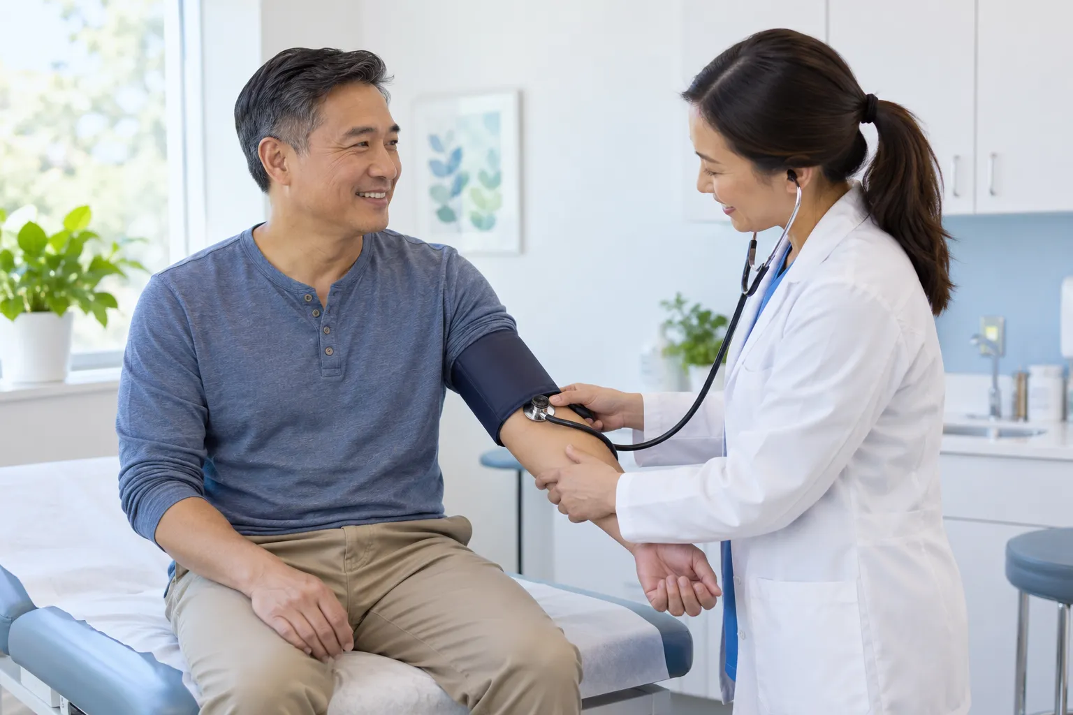 Middle-aged Asian man sitting on an exam table in a bright clinic, smiling while a female nurse practitioner in a…