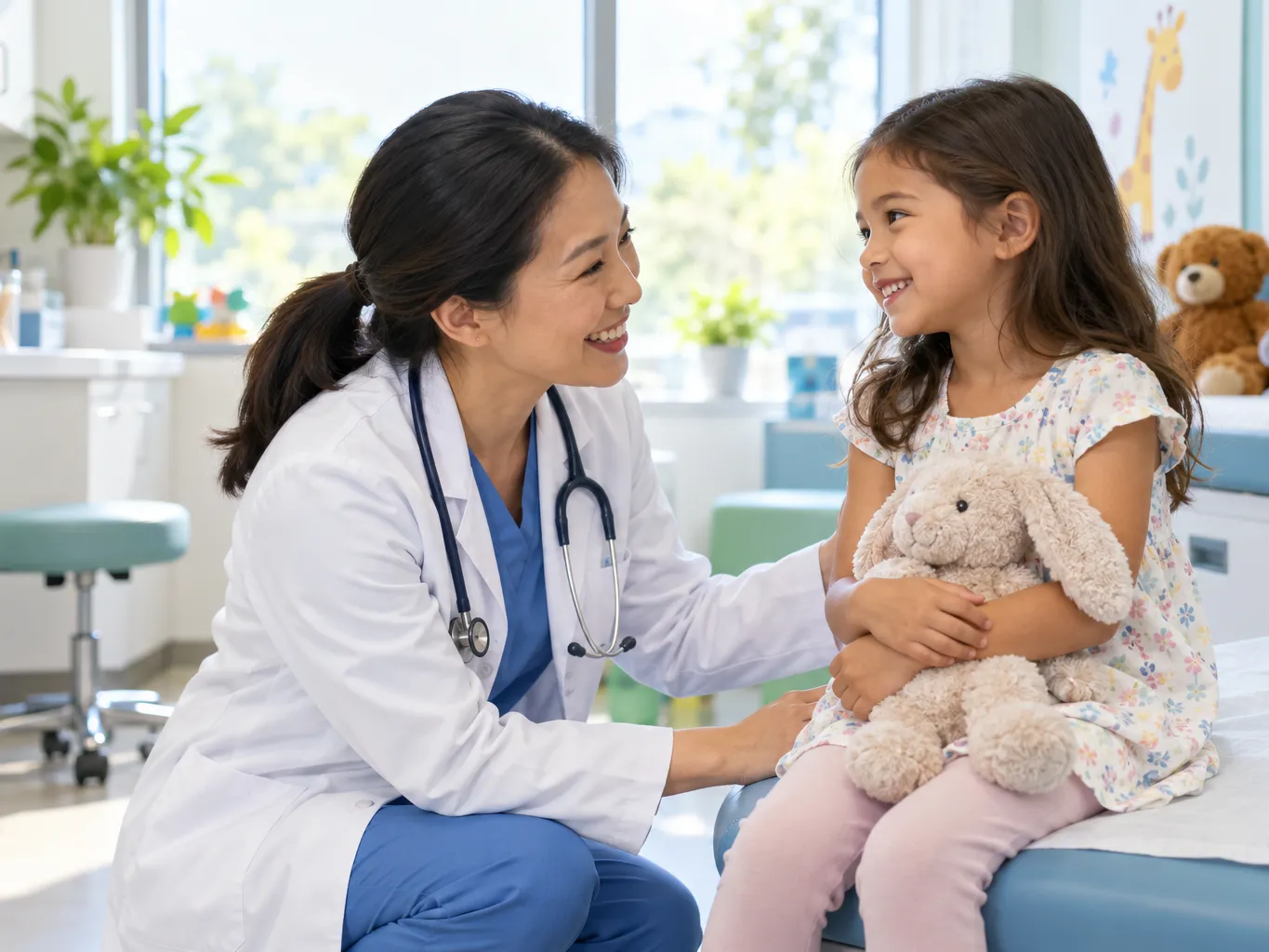 Asian female pediatrician kneeling to eye level with a smiling young girl holding a small plush toy, in a bright…