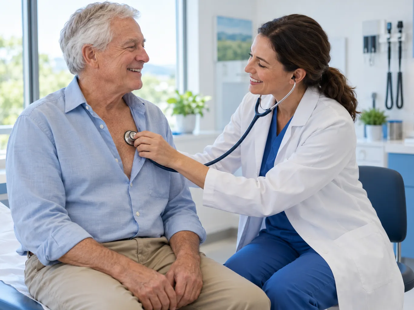 Physician listening to an older white man's heartbeat with a stethoscope during a relaxed check-up, both smiling,…