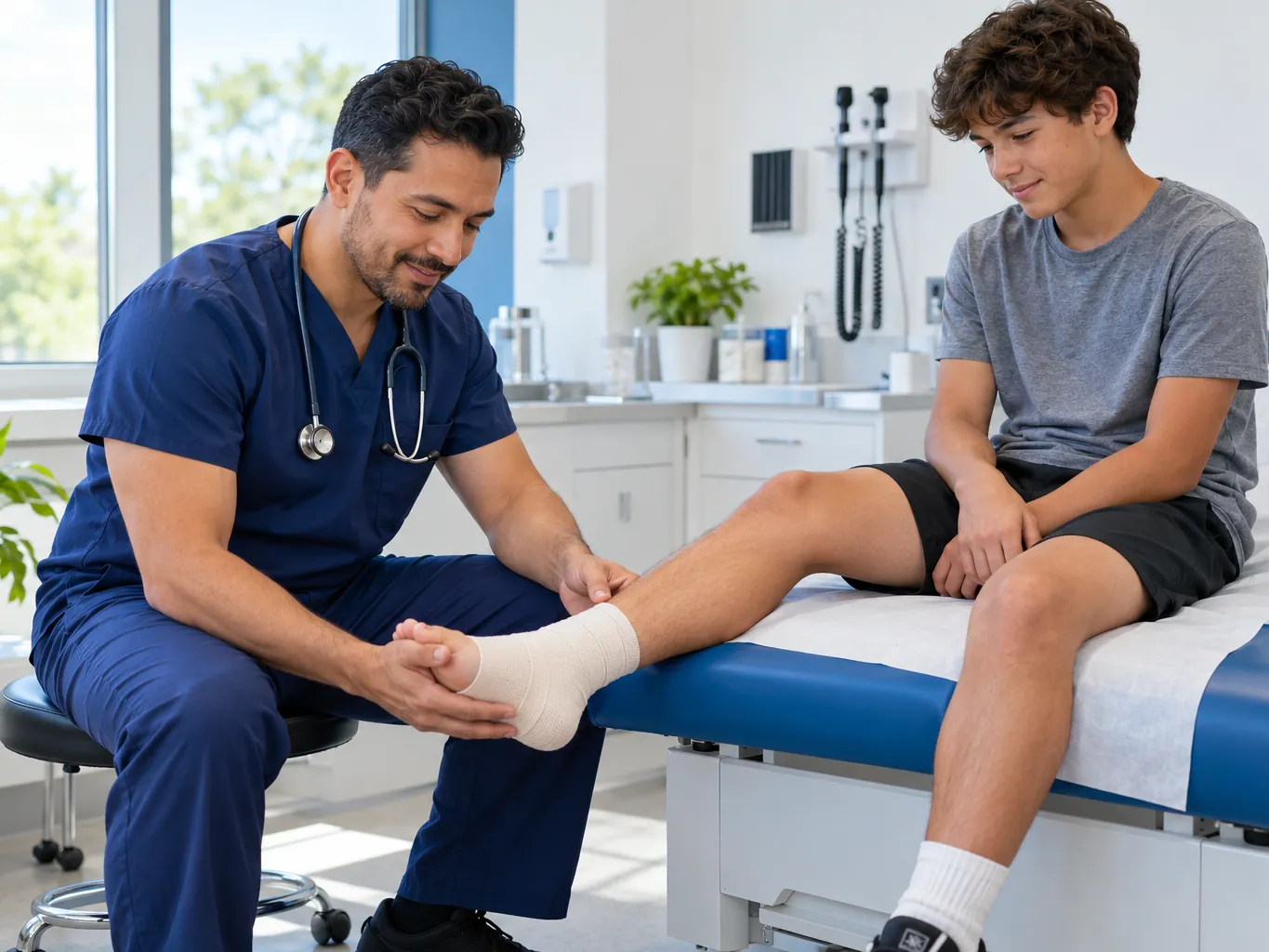 Emergency-trained Latino male doctor in navy scrubs gently examining a teenage boy's wrapped ankle on an exam table…