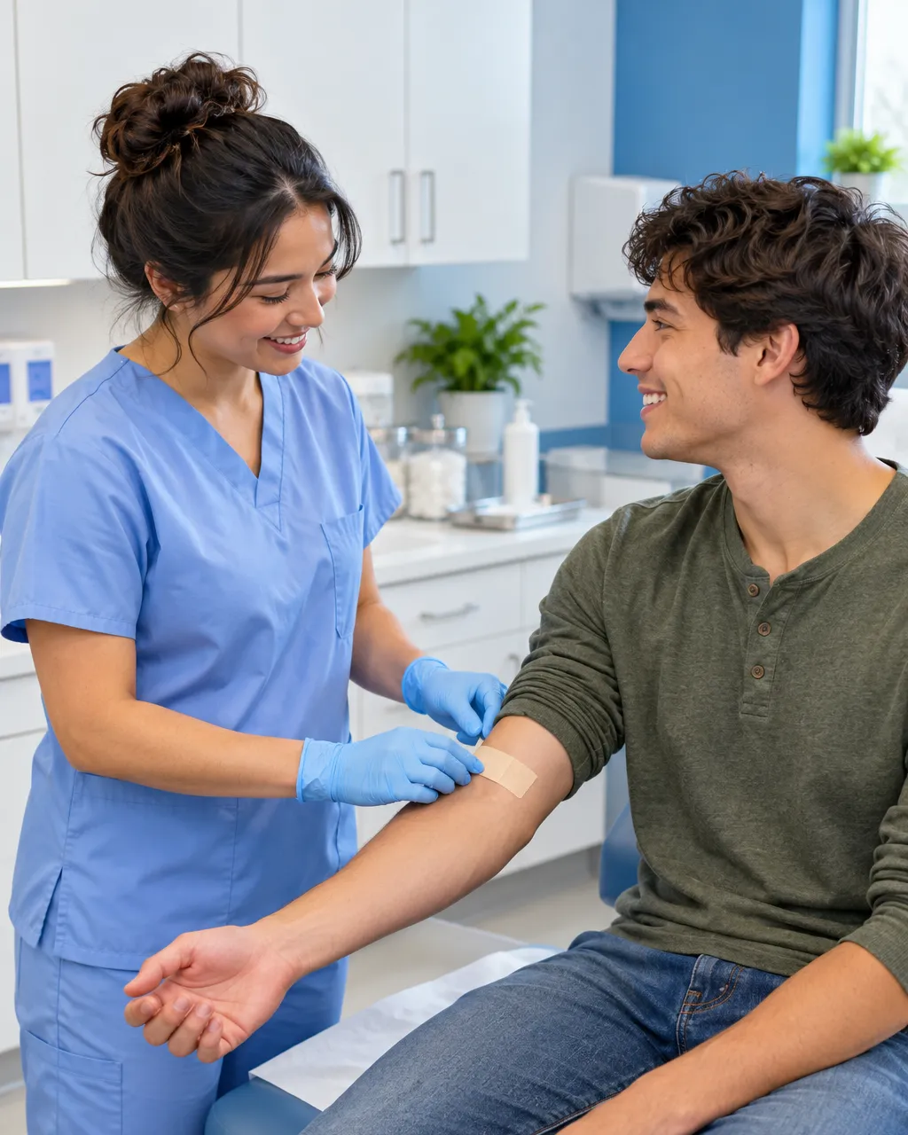 Medical assistant in light blue scrubs gently applying a bandage to a young man's forearm in a bright, spotless…