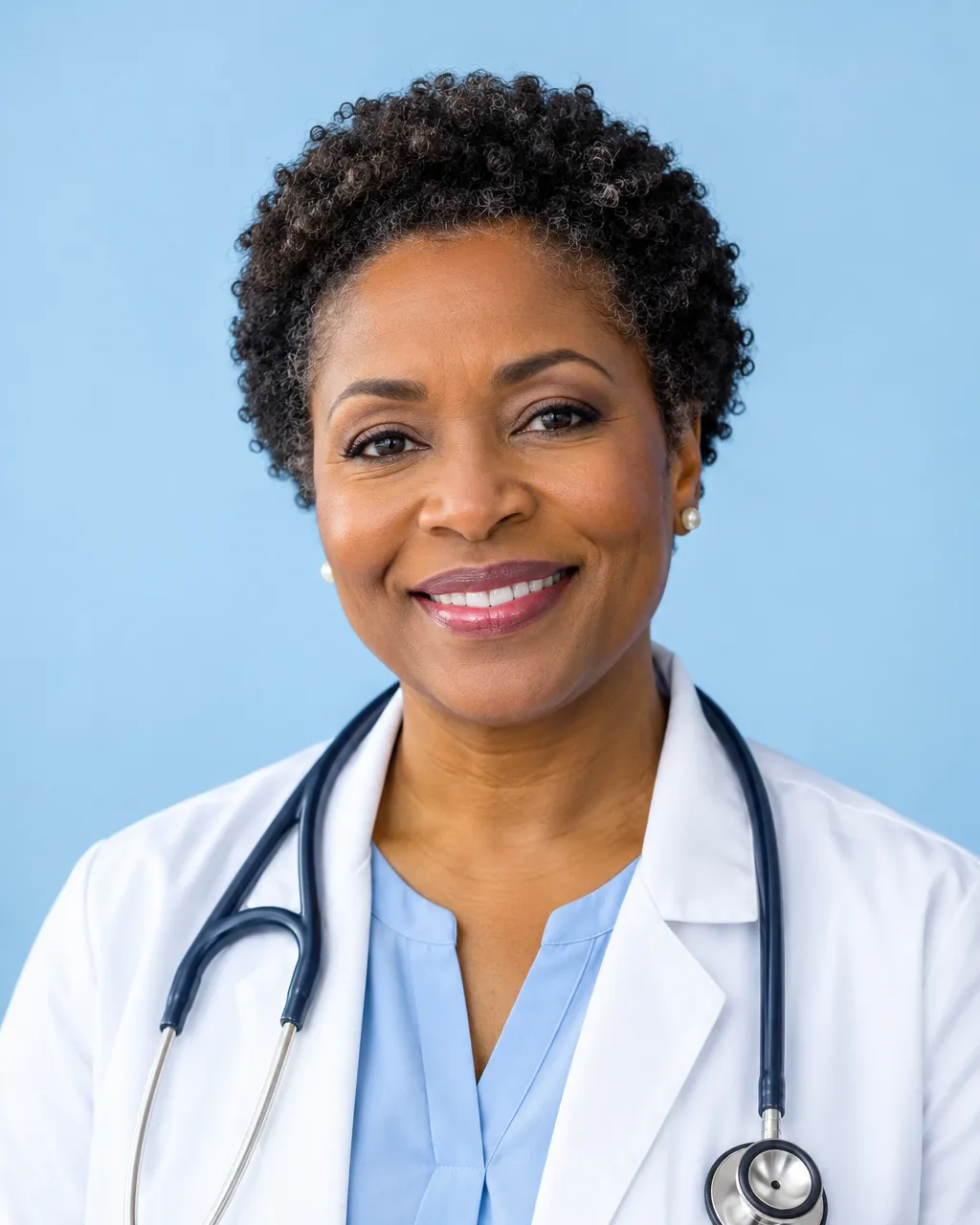 Professional portrait of a Nigerian-American female physician in her late forties with short natural hair, wearing a…