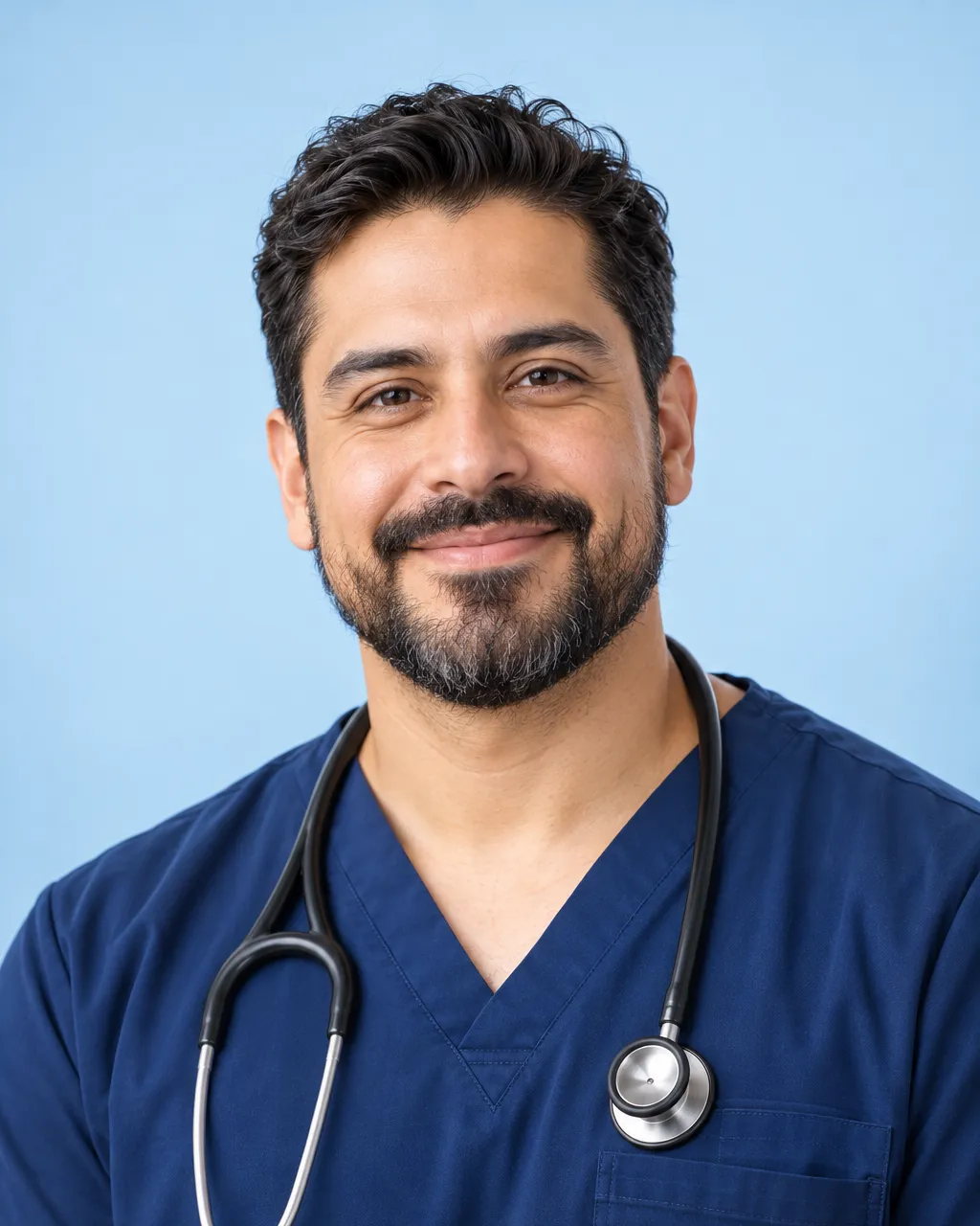 Professional portrait of a Mexican-American male physician in his early forties with short dark hair and a trimmed…