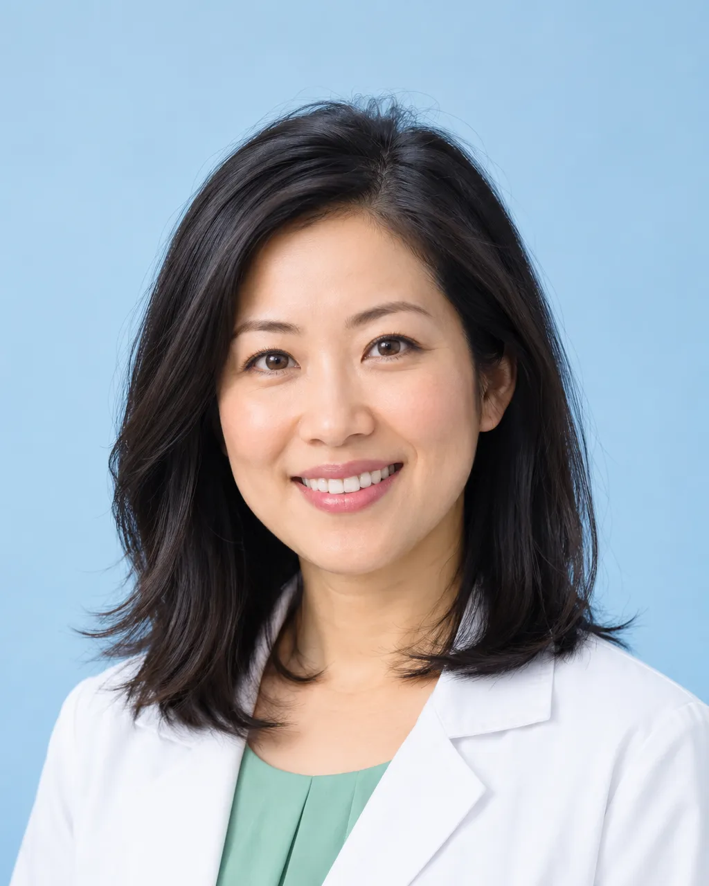 Professional portrait of a Chinese-American female pediatrician in her late thirties with shoulder-length black…