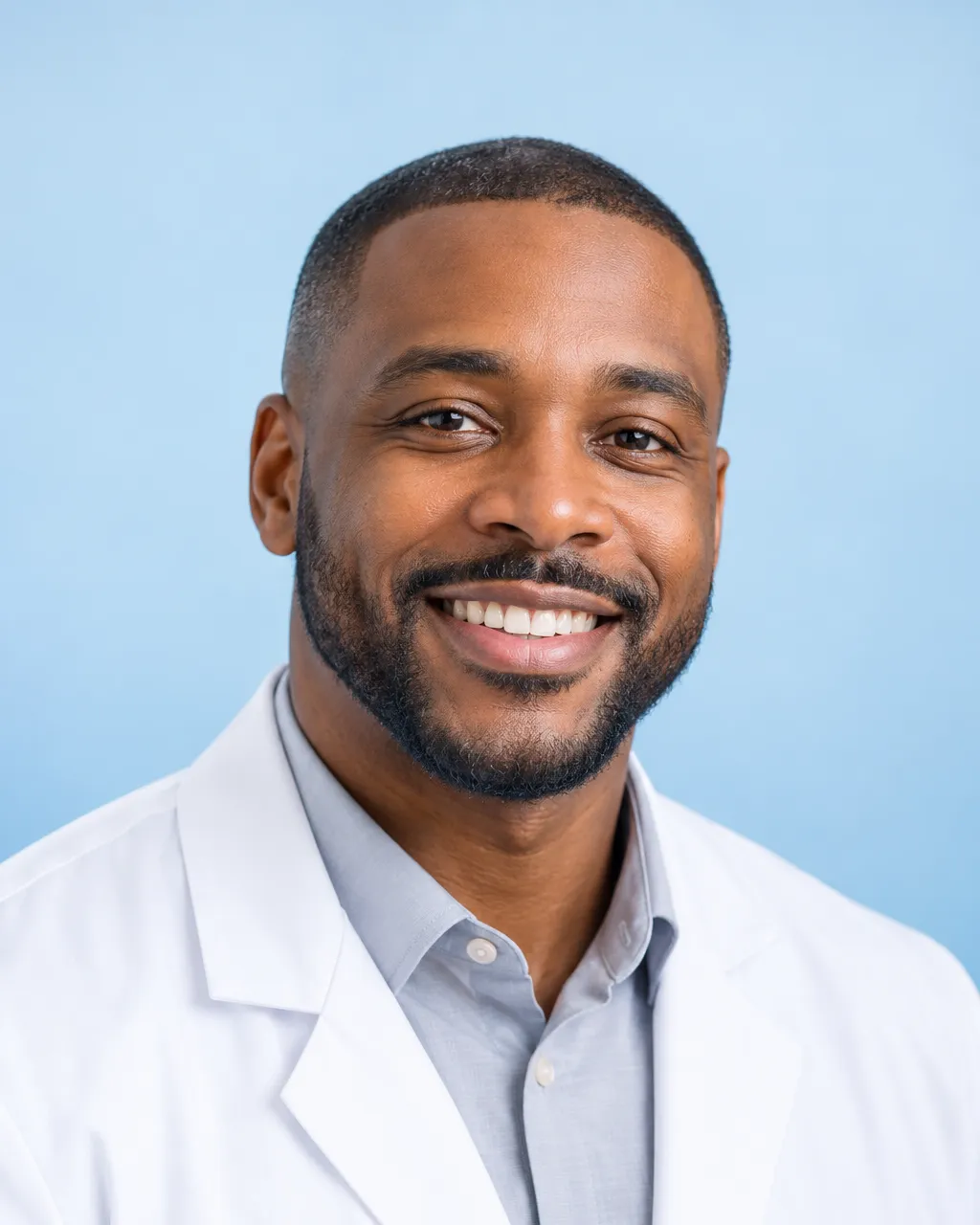 Professional portrait of a Black male nurse practitioner in his late thirties with a close-cropped haircut, wearing…
