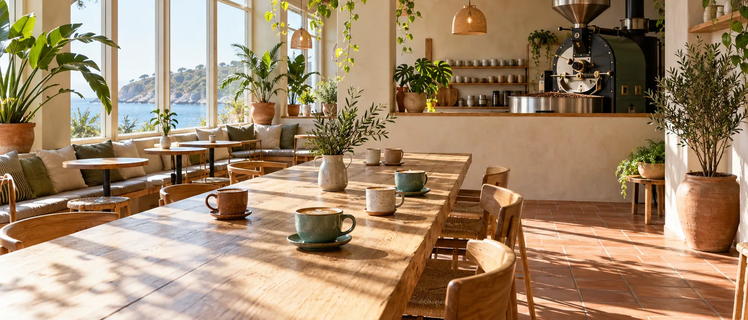 Interior photograph of a sunlit café with a long communal oak table, mismatched ceramic cups, sand plaster walls,…
