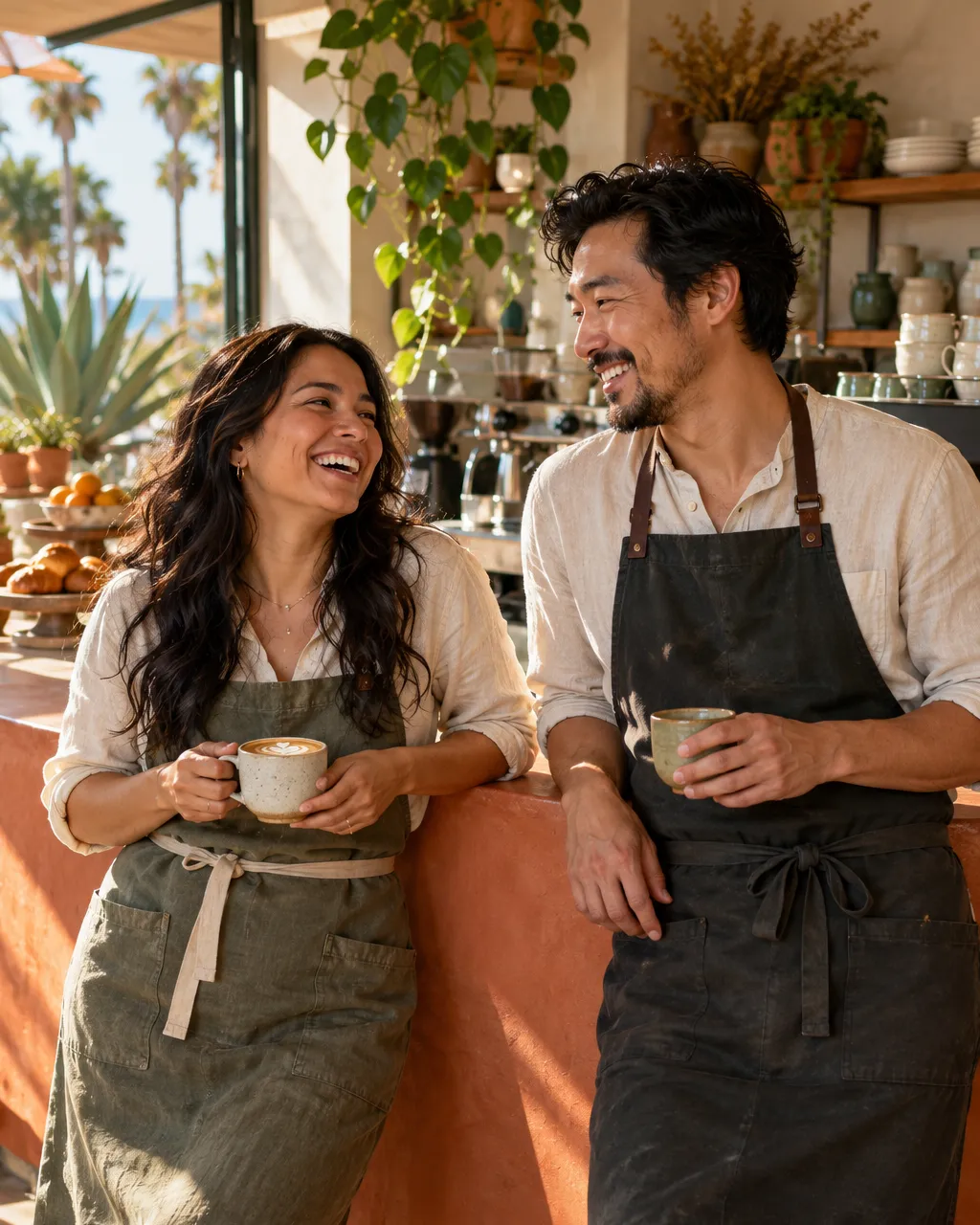 Natural portrait of two café founders, a Mexican American woman in her thirties with long dark hair and a Japanese…