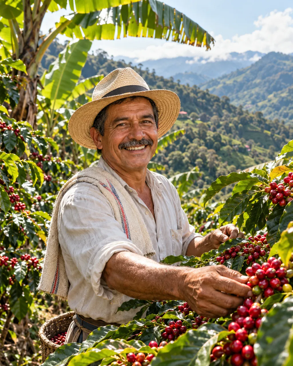 A smiling Colombian coffee farmer in his fifties wearing a straw hat, standing among lush coffee plants heavy with…