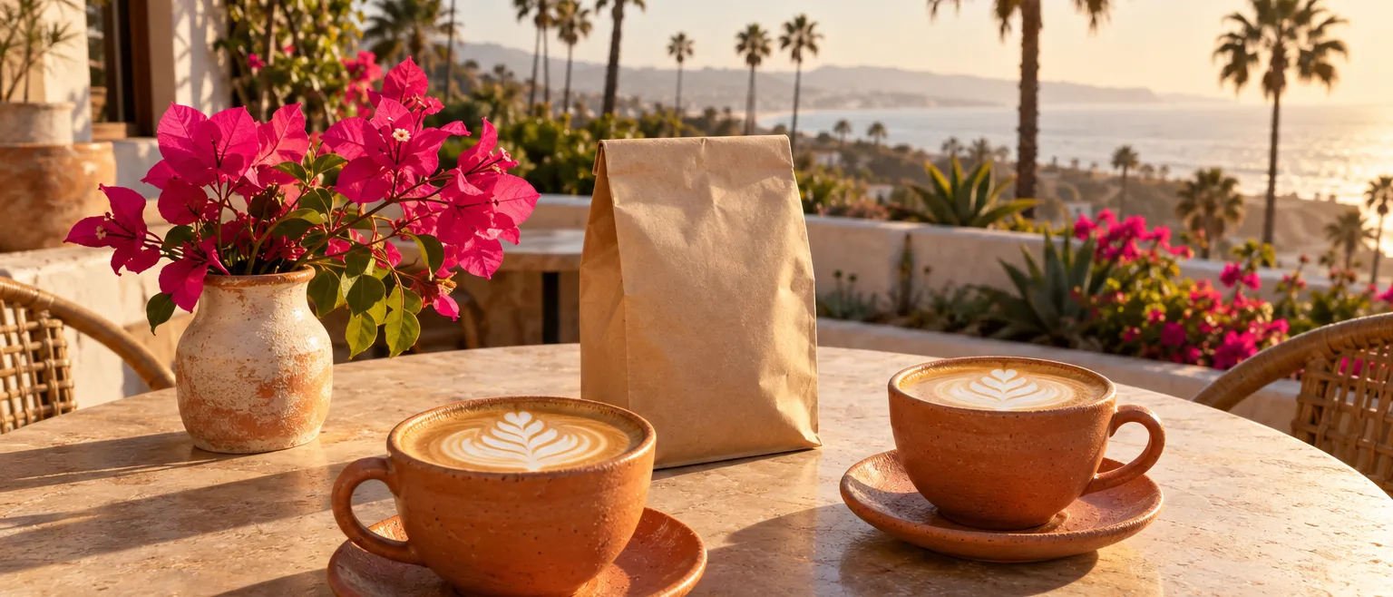A sunny café patio table at golden hour with two terracotta ceramic cups of coffee, a kraft coffee bag and a small…