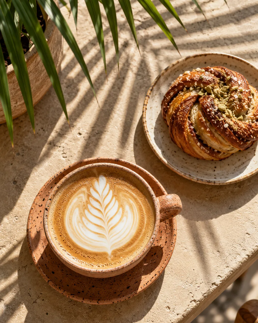 A latte with a perfect rosetta in a handmade speckled terracotta ceramic cup on a sun-warmed sand-coloured plaster…