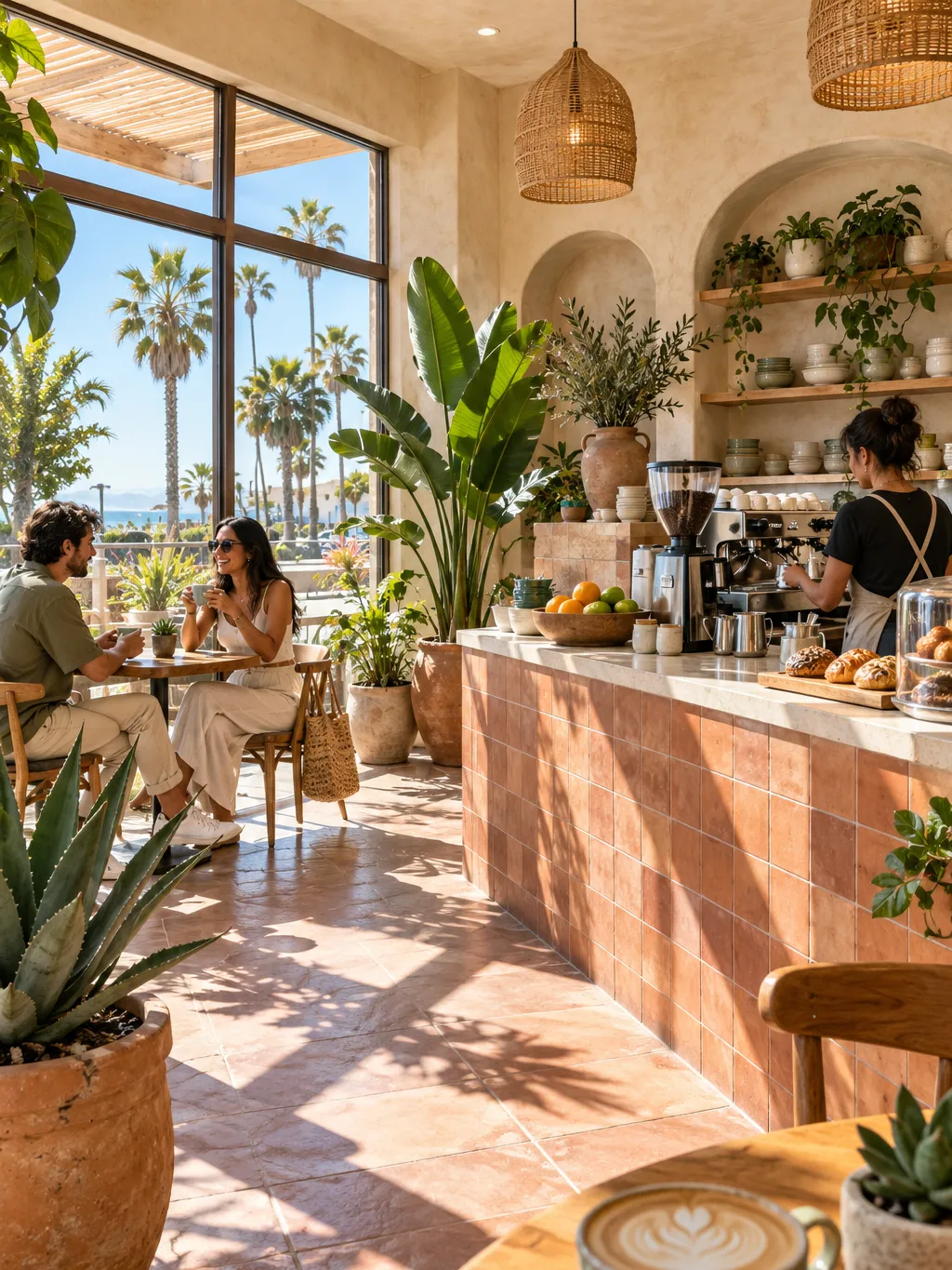 Bright interior photograph of a small neighbourhood café in San Diego with sand-coloured plaster walls, a terracotta…