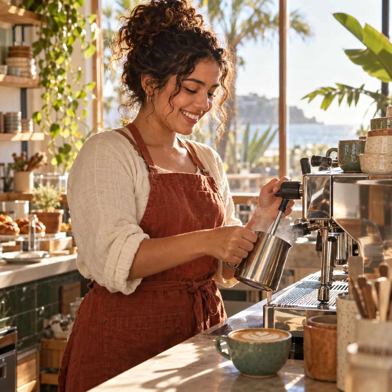 A smiling Latina barista in her twenties with curly hair tied up and a rust-coloured linen apron, steaming milk at a…