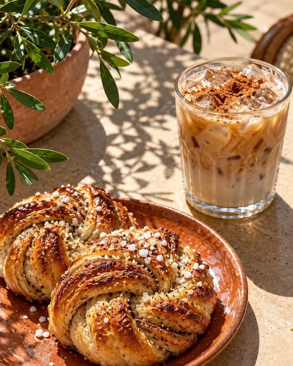 Close photograph of freshly baked cardamom buns with pearl sugar on a terracotta glazed plate next to an iced…