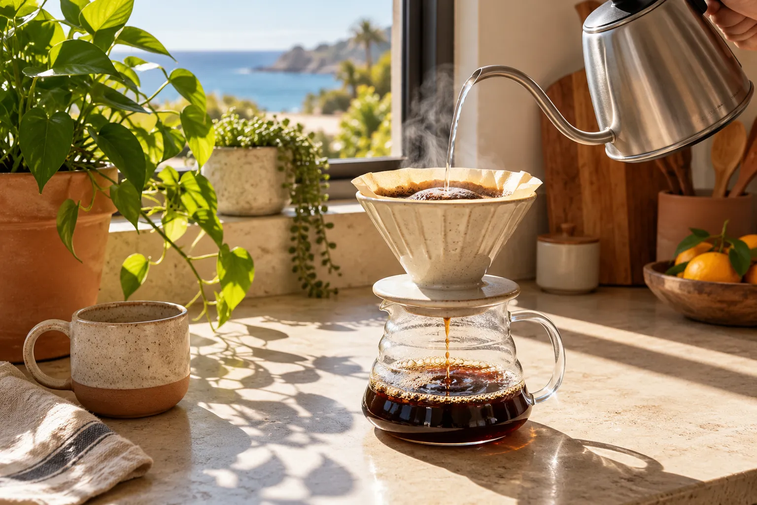 Photograph of a ceramic pour-over dripper brewing coffee into a glass carafe on a sand-coloured kitchen counter, a…