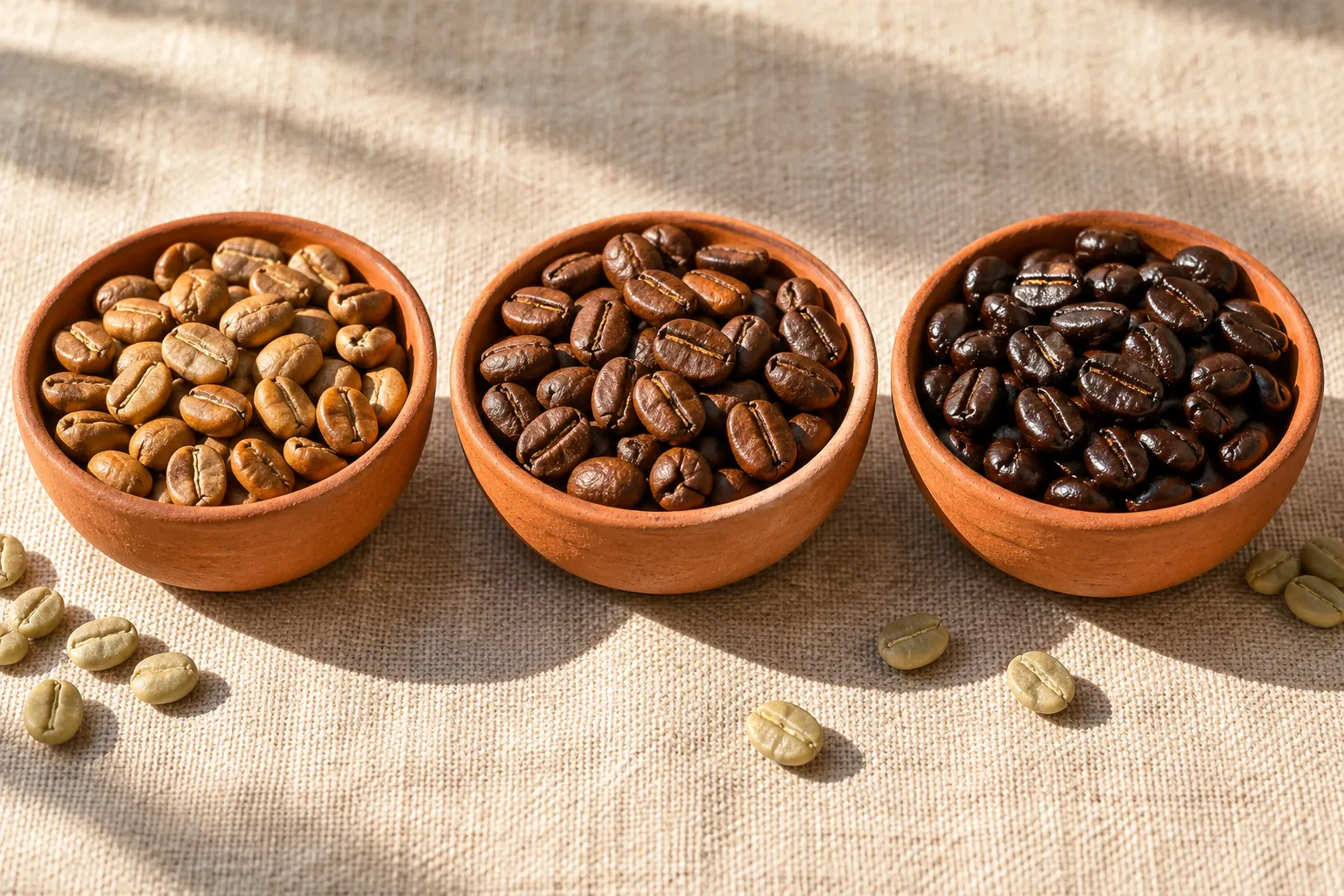 Close photograph of three small terracotta bowls of roasted coffee beans in light, medium and dark roast arranged in…
