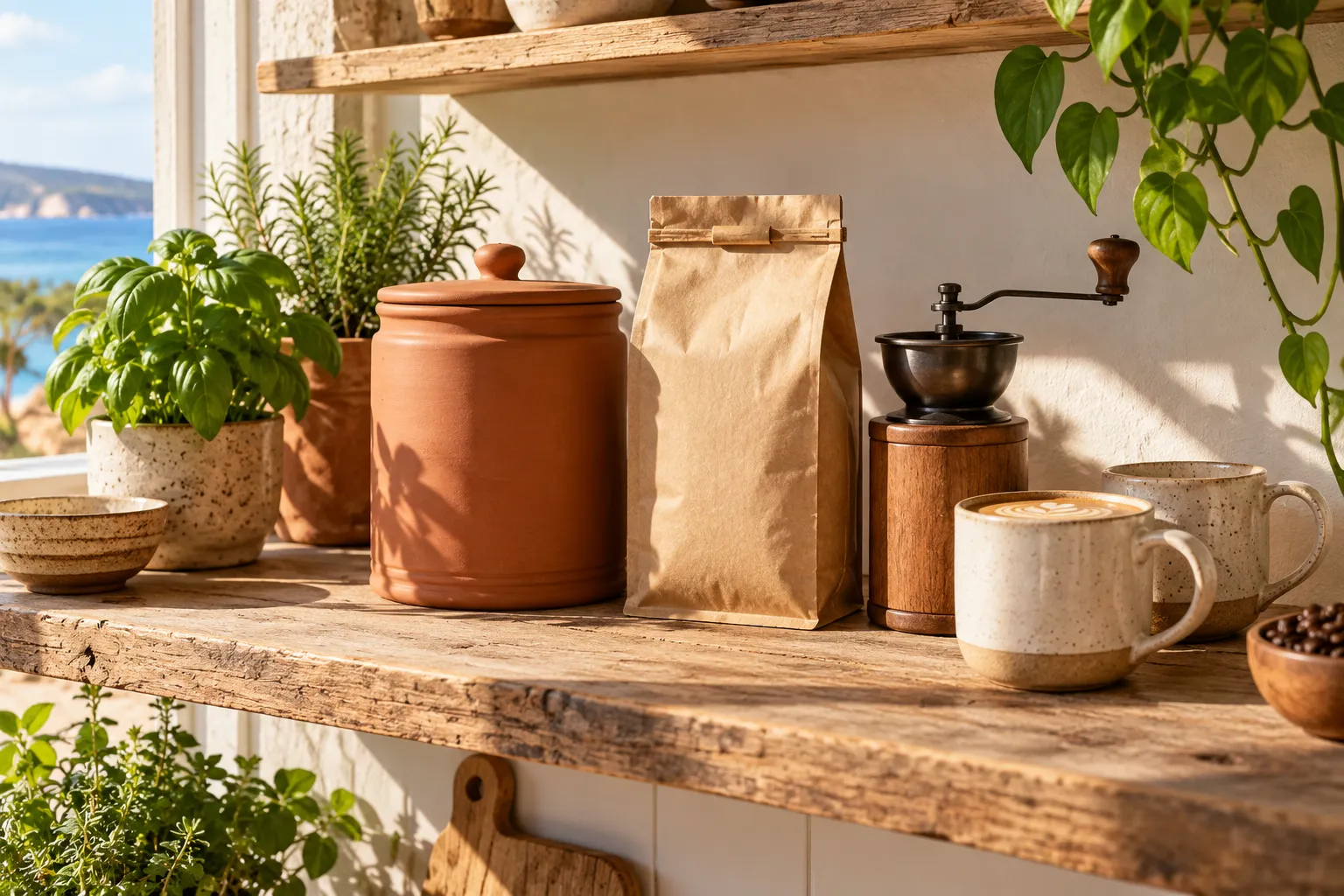 Photograph of a kitchen shelf in warm sunlight holding an opaque terracotta ceramic coffee canister, a resealed…