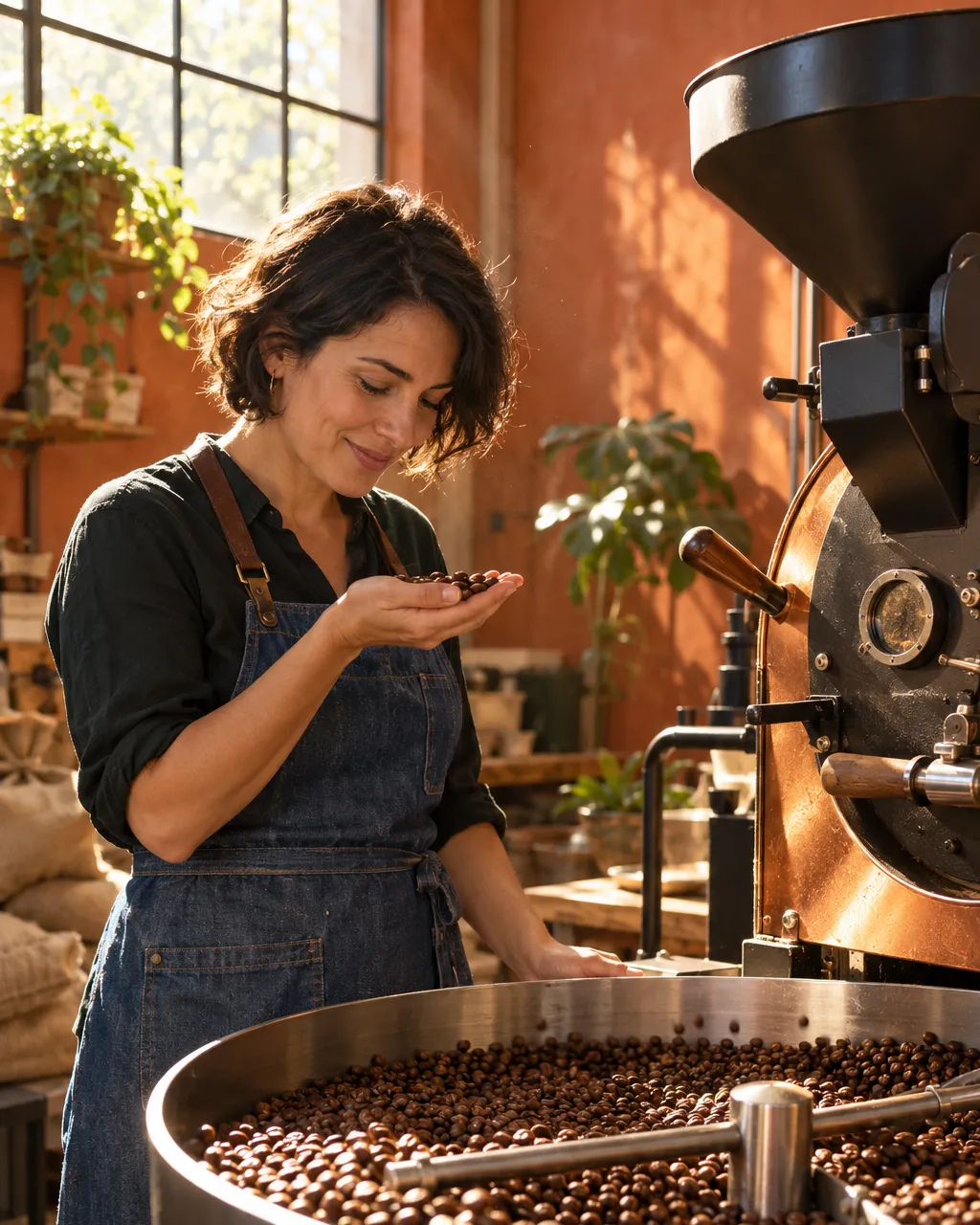Photograph of a female head roaster in her thirties with short dark hair and a denim apron checking a sample of…