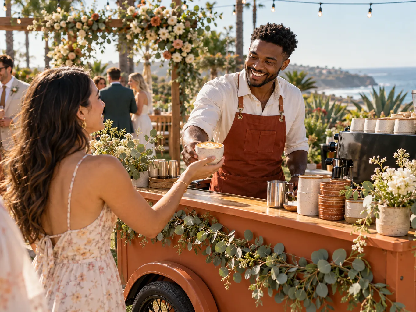 Photograph of a terracotta-painted mobile espresso cart set up at an outdoor garden wedding in San Diego, a young…