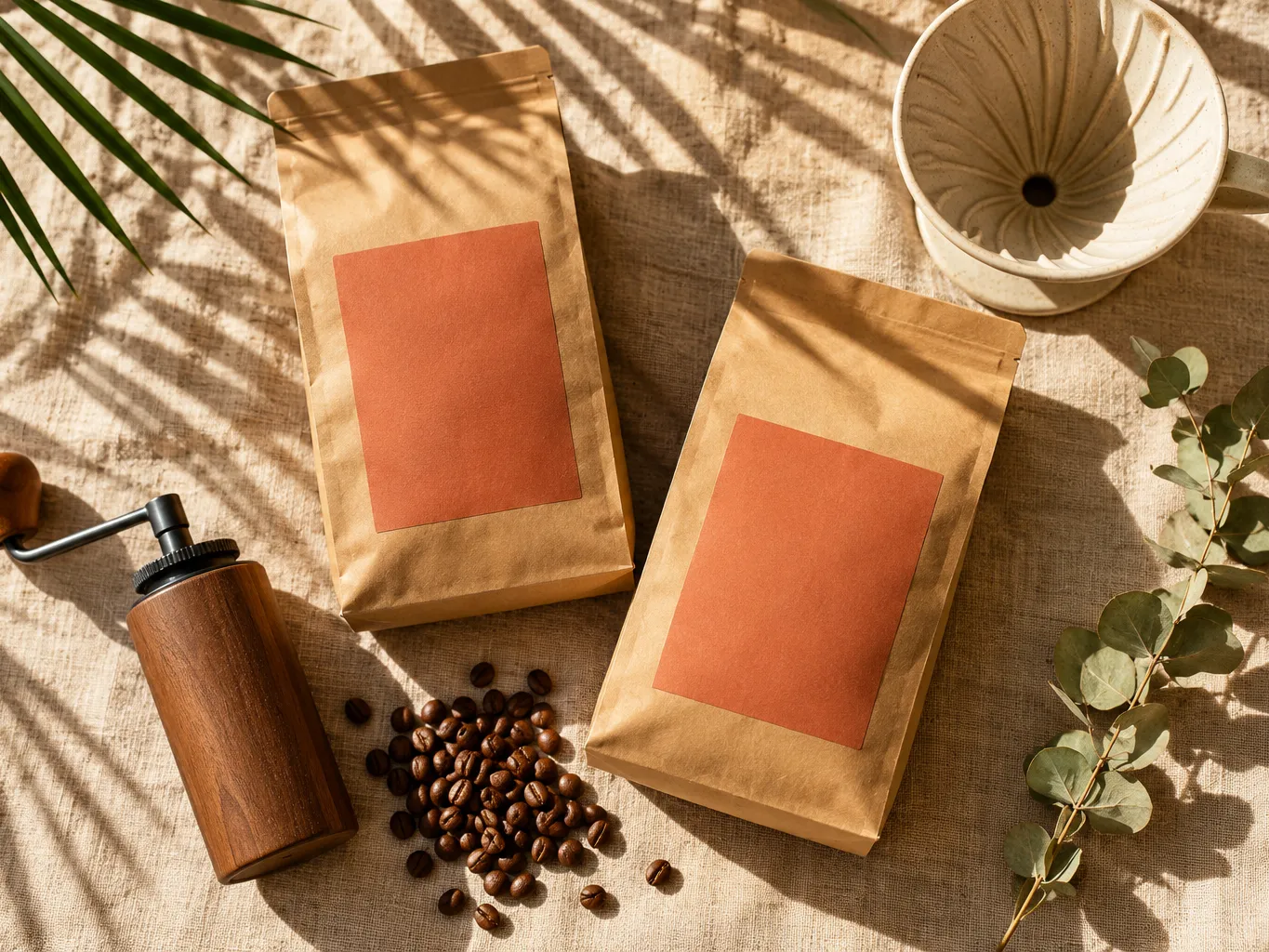 Flat lay of two kraft paper coffee bags with blank terracotta labels, a small pile of roasted beans, a hand grinder…