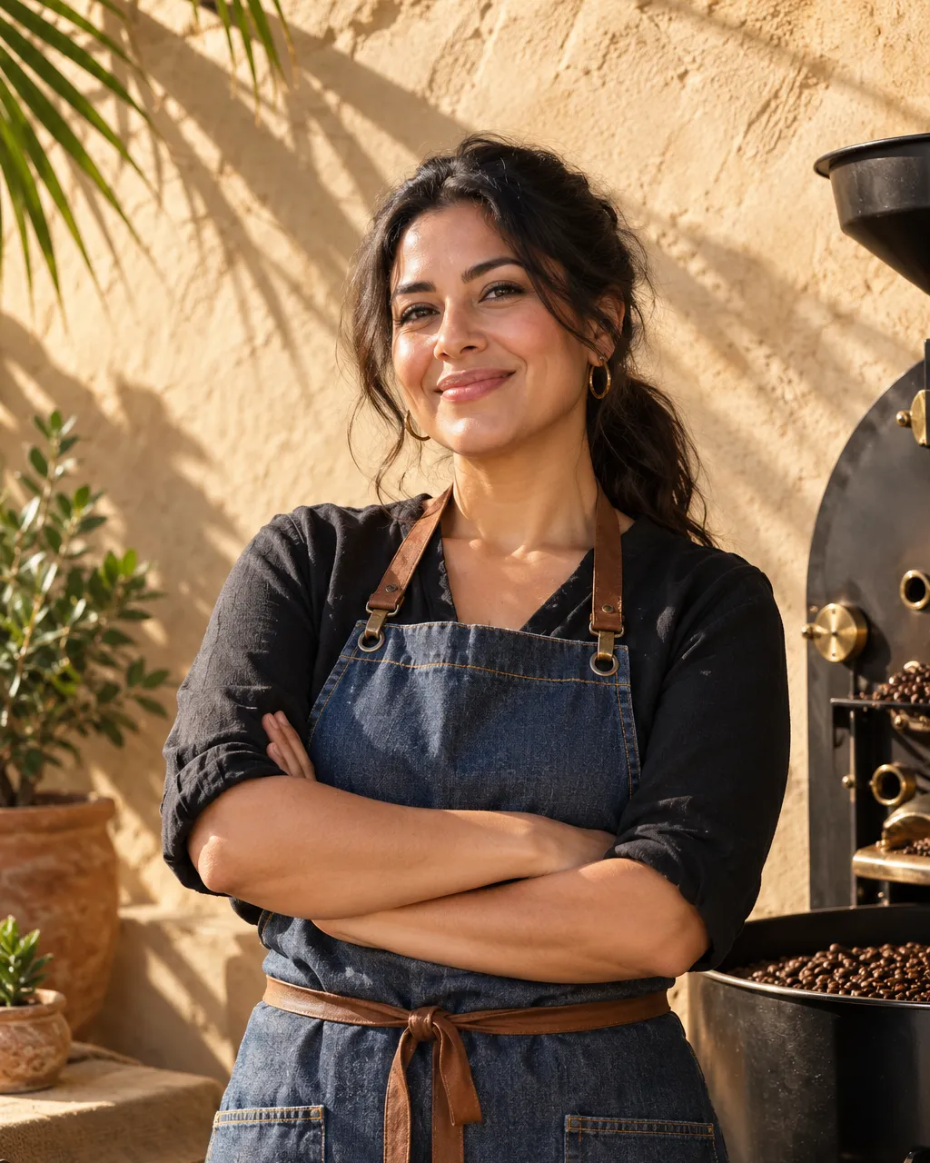 A Mexican American woman in her thirties with long dark hair tied back, head roaster in a denim apron