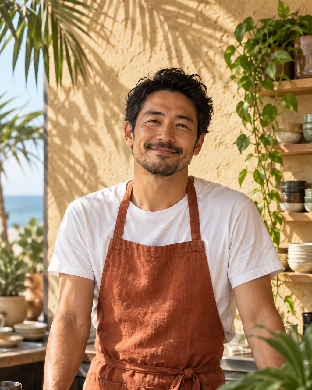 A Japanese American man in his late thirties with short black hair and a trimmed beard, café co-founder in a rust…