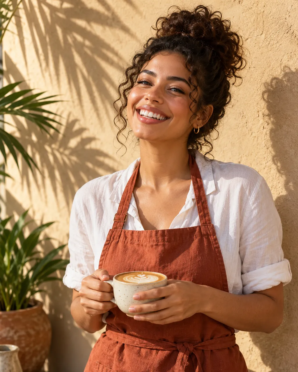A Latina woman in her twenties with curly hair in a high bun and small gold hoops, head barista in a rust linen…