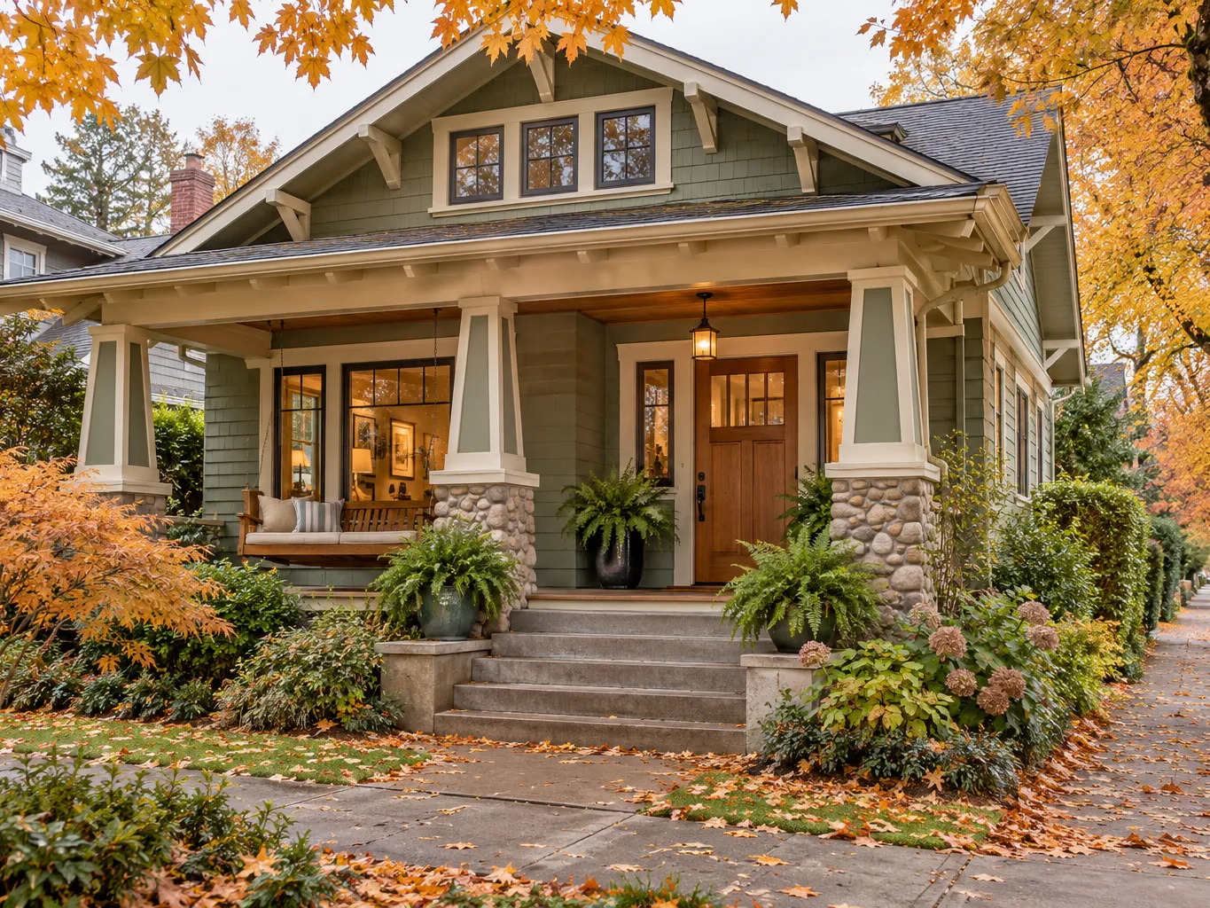 Exterior of a sage-green Craftsman bungalow converted into a dental clinic on a leafy Portland street in autumn,…