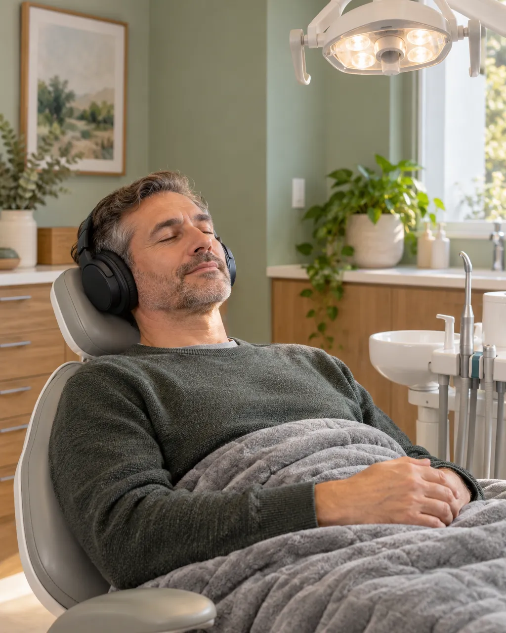 Close, calm portrait of a middle-aged man resting in a dental chair with over-ear headphones and a soft heather-grey…