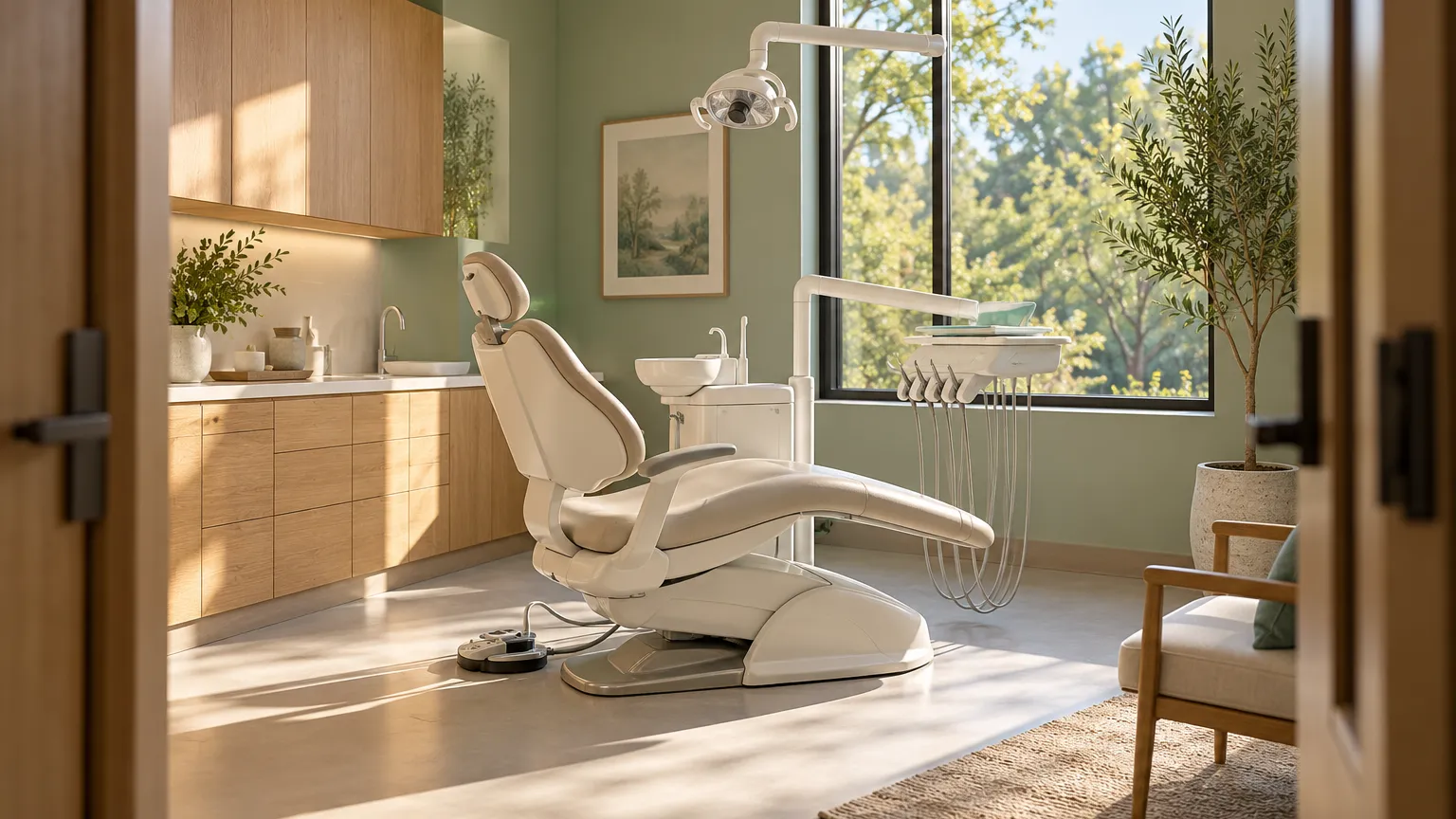 Calm photo of a sunlit dental treatment room viewed from the doorway, empty cream dental chair