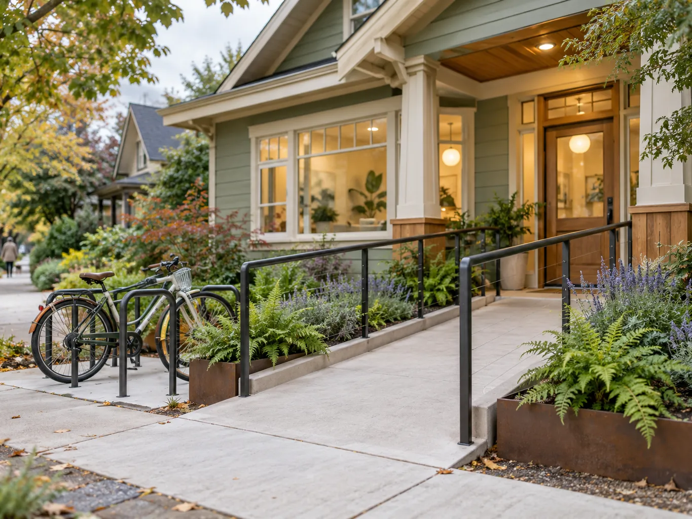 Front entrance of a sage-green bungalow dental clinic with a step-free ramp, bike racks with two bicycles, planters…
