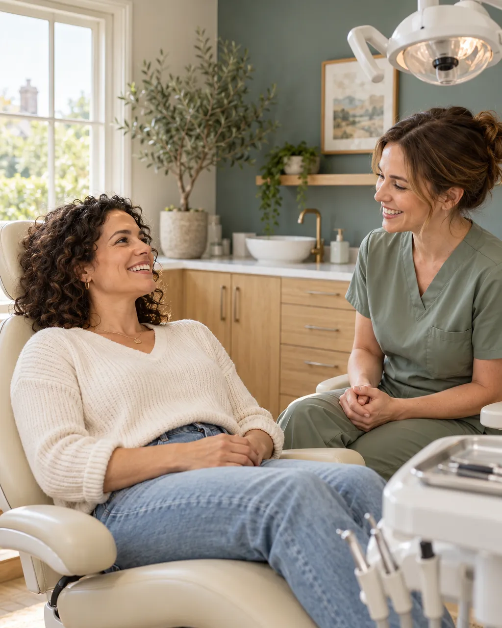 Bright modern dental treatment room in a converted bungalow, a smiling woman in her thirties with curly dark hair…
