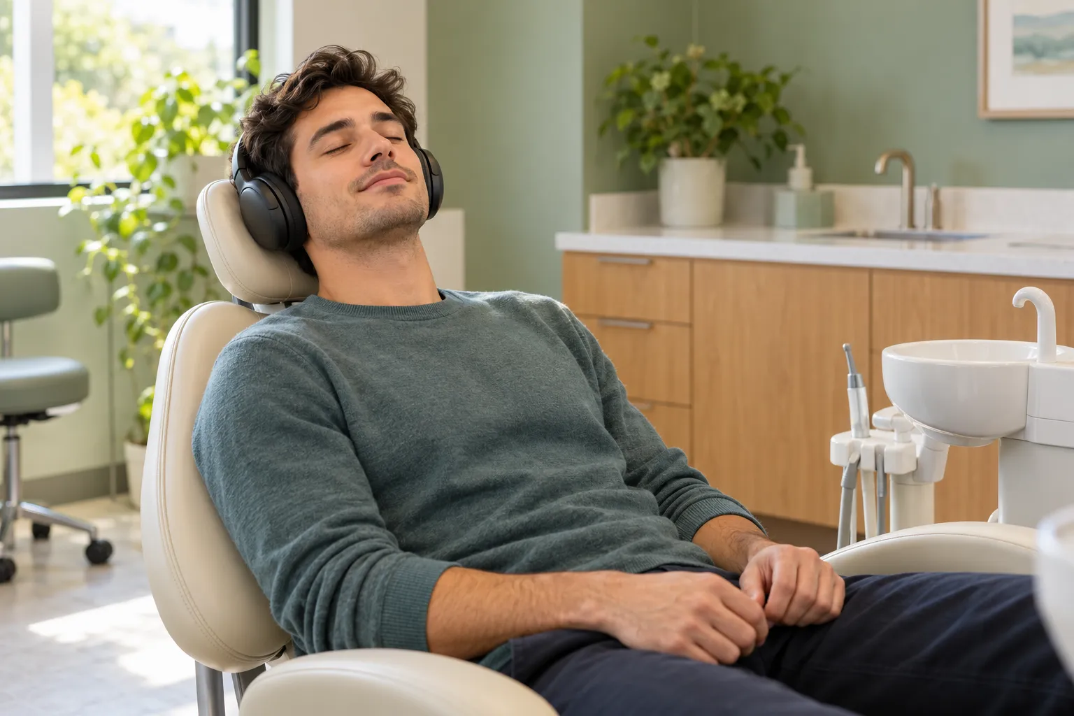 Relaxed young man with headphones resting in a cream dental chair, eyes closed, holding nothing, sage walls and warm…
