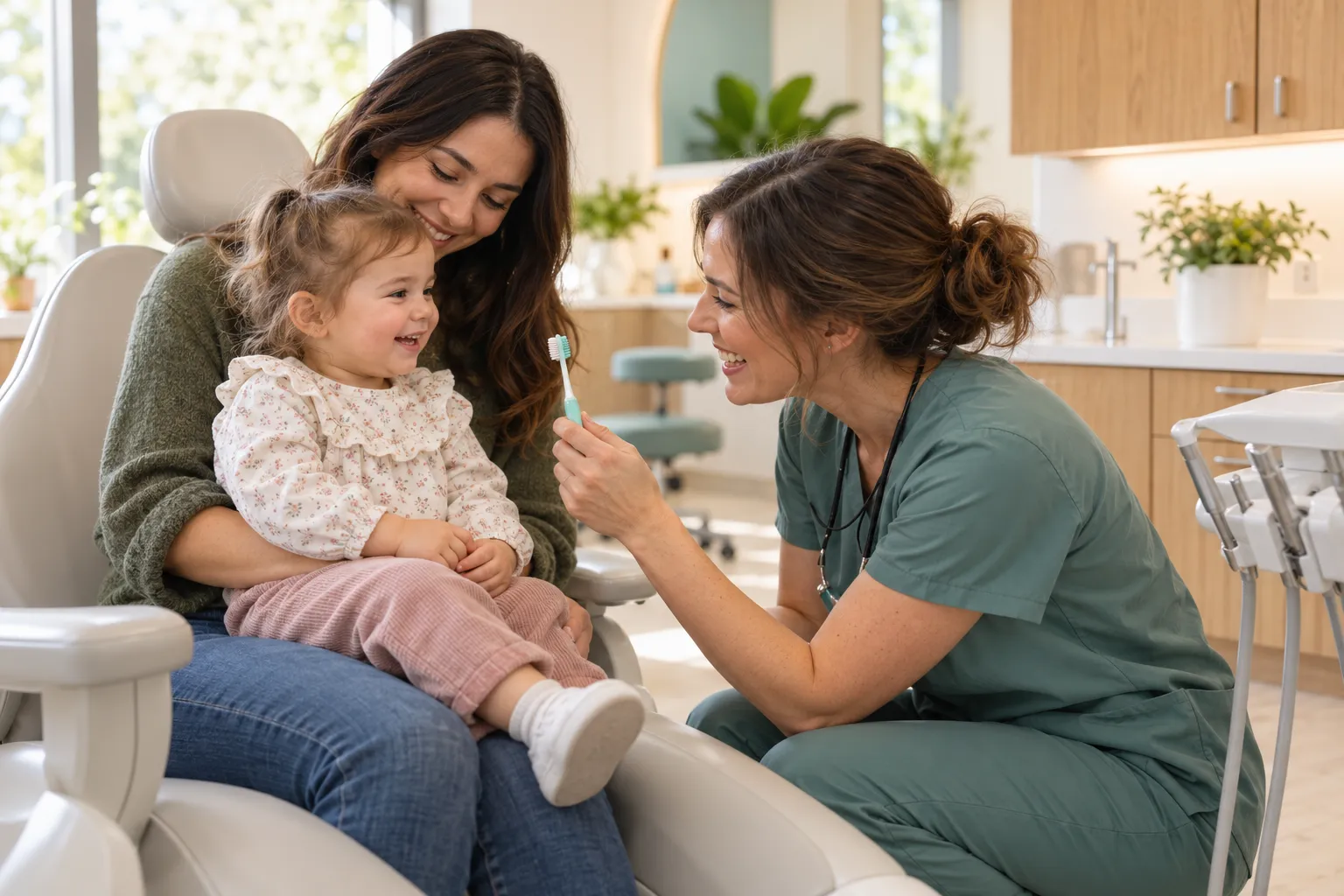 Toddler sitting on a parent's lap in a bright family dental clinic, a friendly female dentist kneeling at eye level…