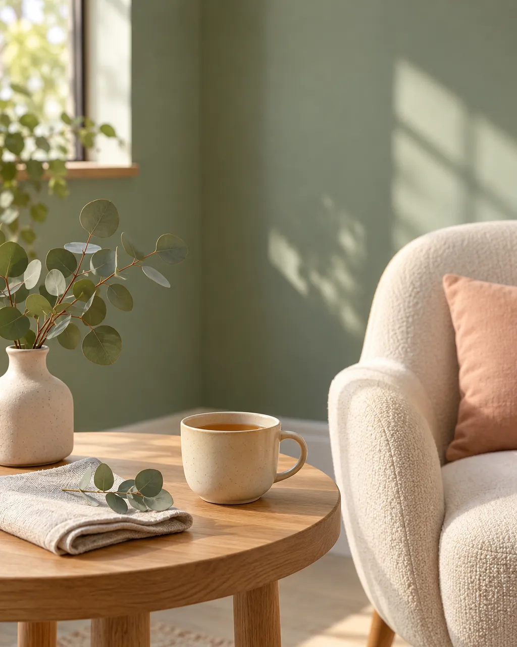 Still life of a calm dental clinic consultation corner, an oak side table with a ceramic cup of tea, a folded linen…