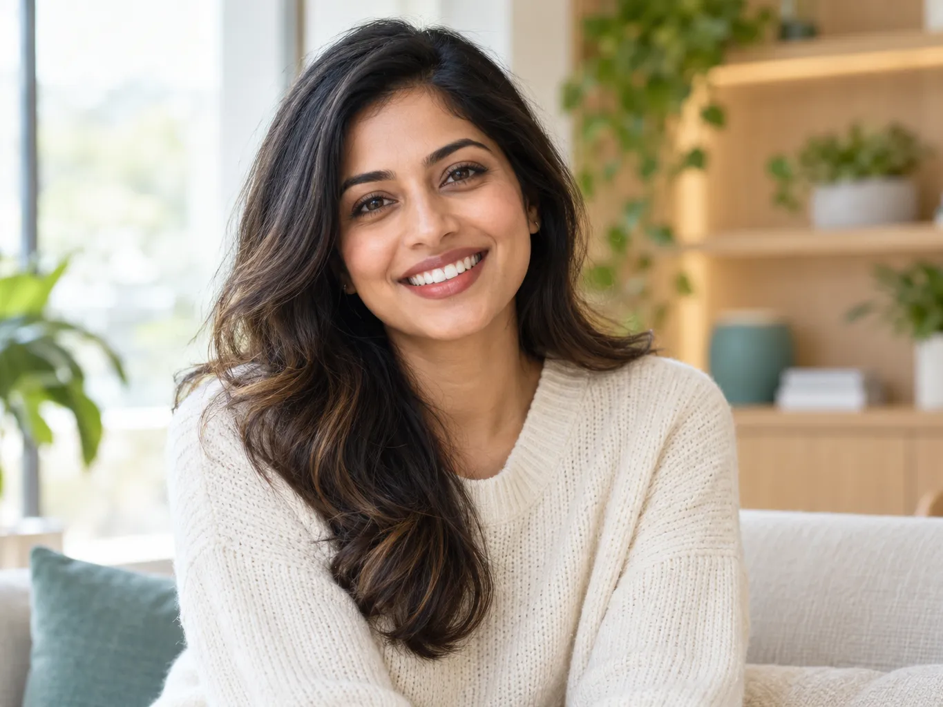 Smiling South Asian woman in her late twenties in a bright minimal clinic lounge