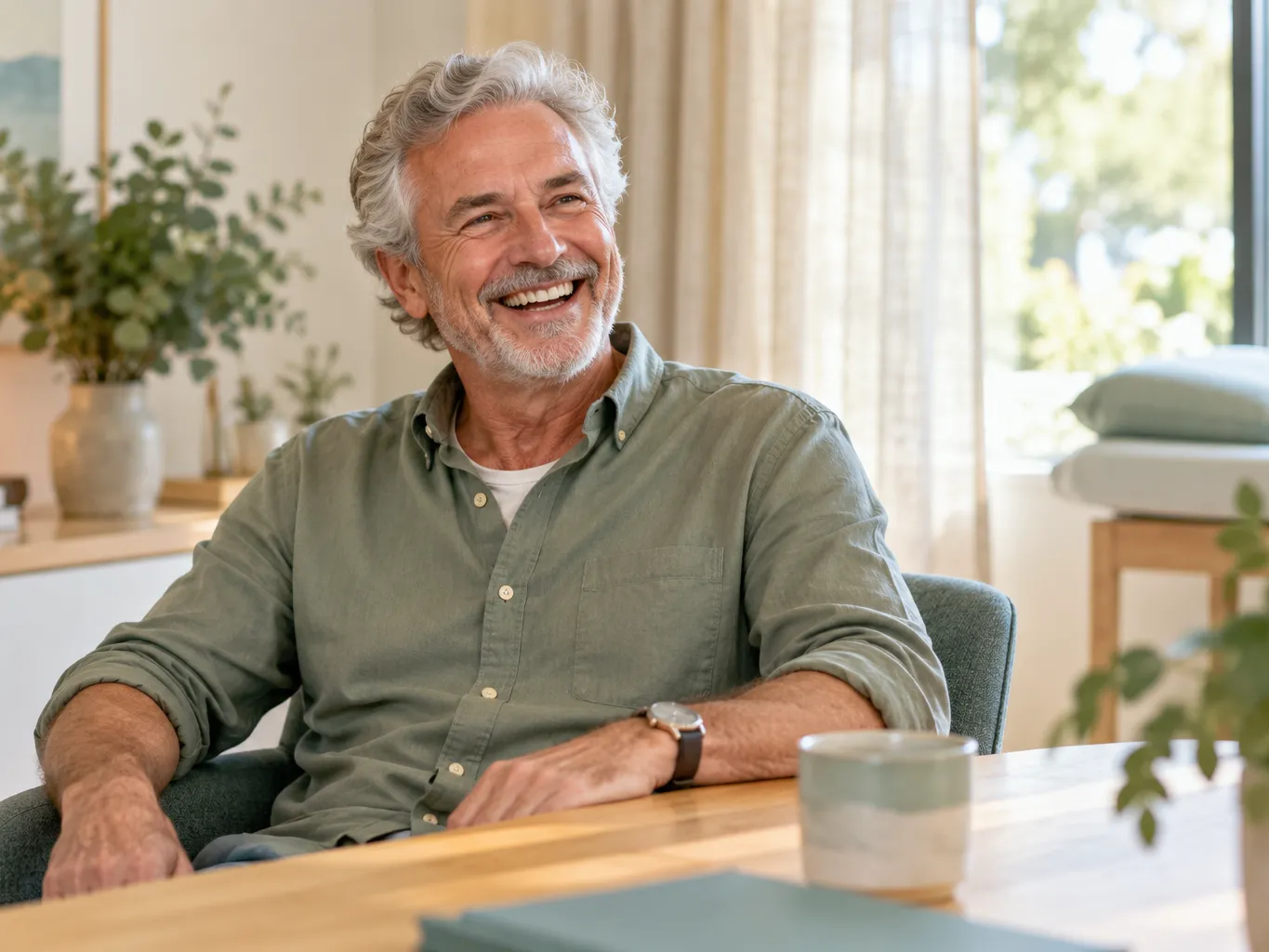 A grey-haired man in his sixties laughing naturally with a bright healthy smile, seated in a sunlit clinic…