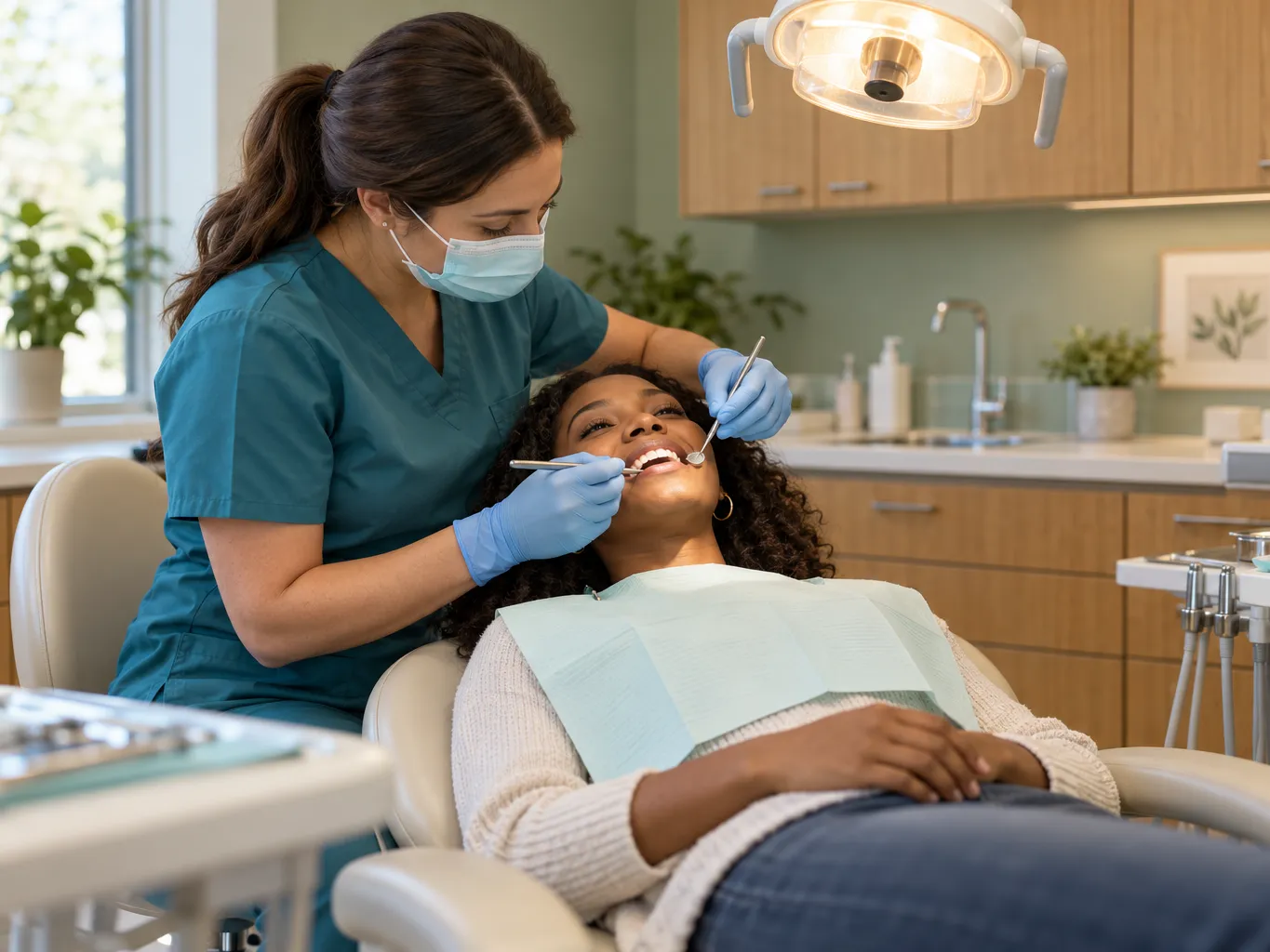 Dental hygienist in teal scrubs and mask gently cleaning the teeth of a young Black woman reclined in a cream chair,…
