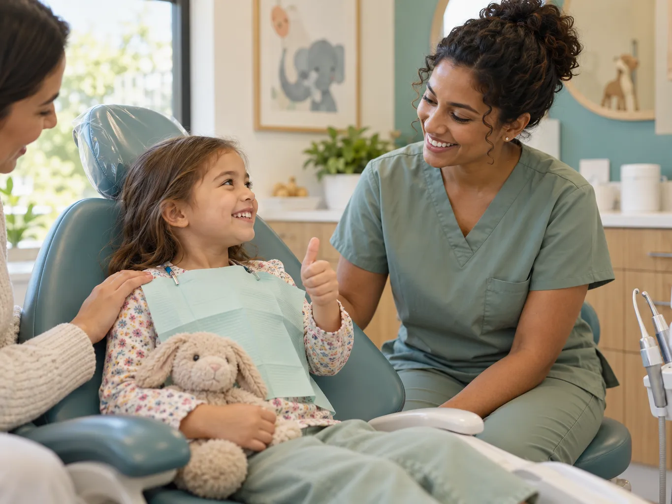 Cheerful five-year-old girl sitting in a dental chair giving a thumbs up while a female pediatric dentist with warm…