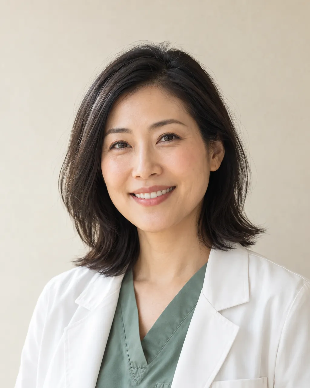Professional portrait of an East Asian woman dentist in her early forties with shoulder-length black hair,…