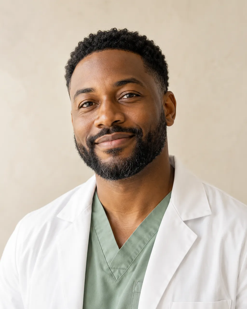 Professional portrait of a Black man dentist in his late thirties with a short beard, sage-green scrub top under an…