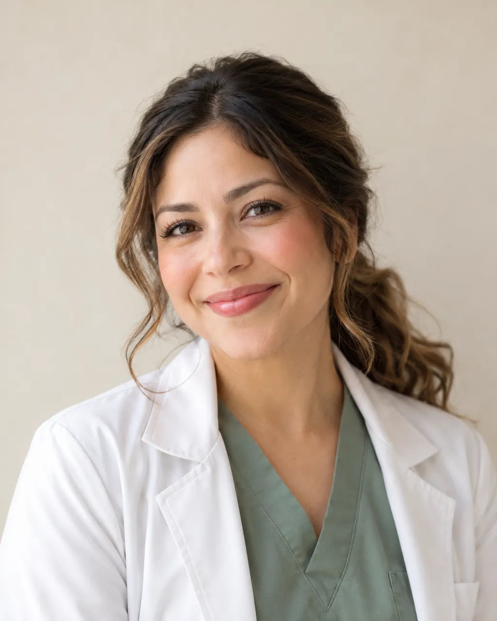 Professional portrait of a Latina woman pediatric dentist in her mid thirties with long wavy brown hair tied back,…
