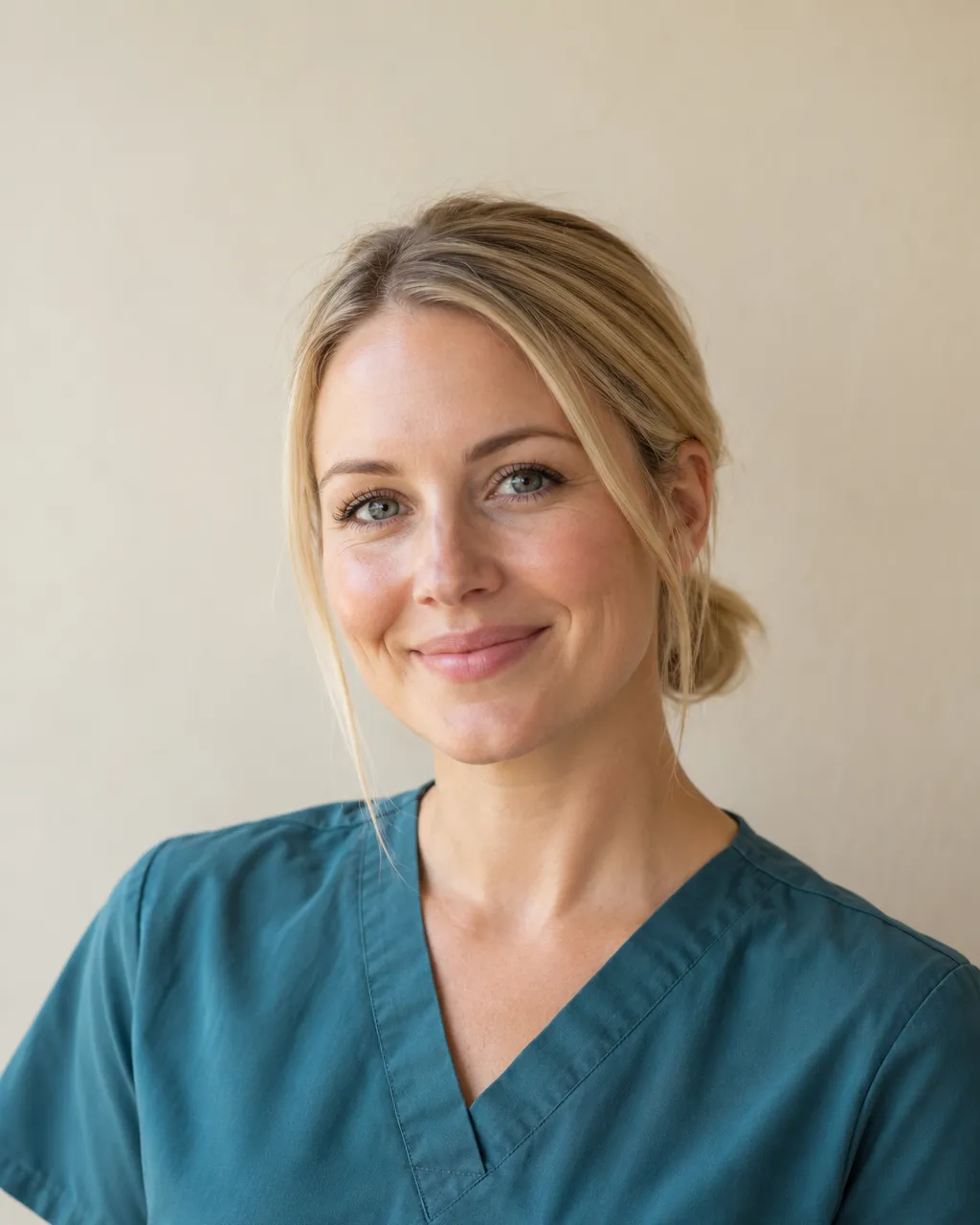 Professional portrait of a white woman dental hygienist in her thirties with blonde hair in a low bun, teal scrub…