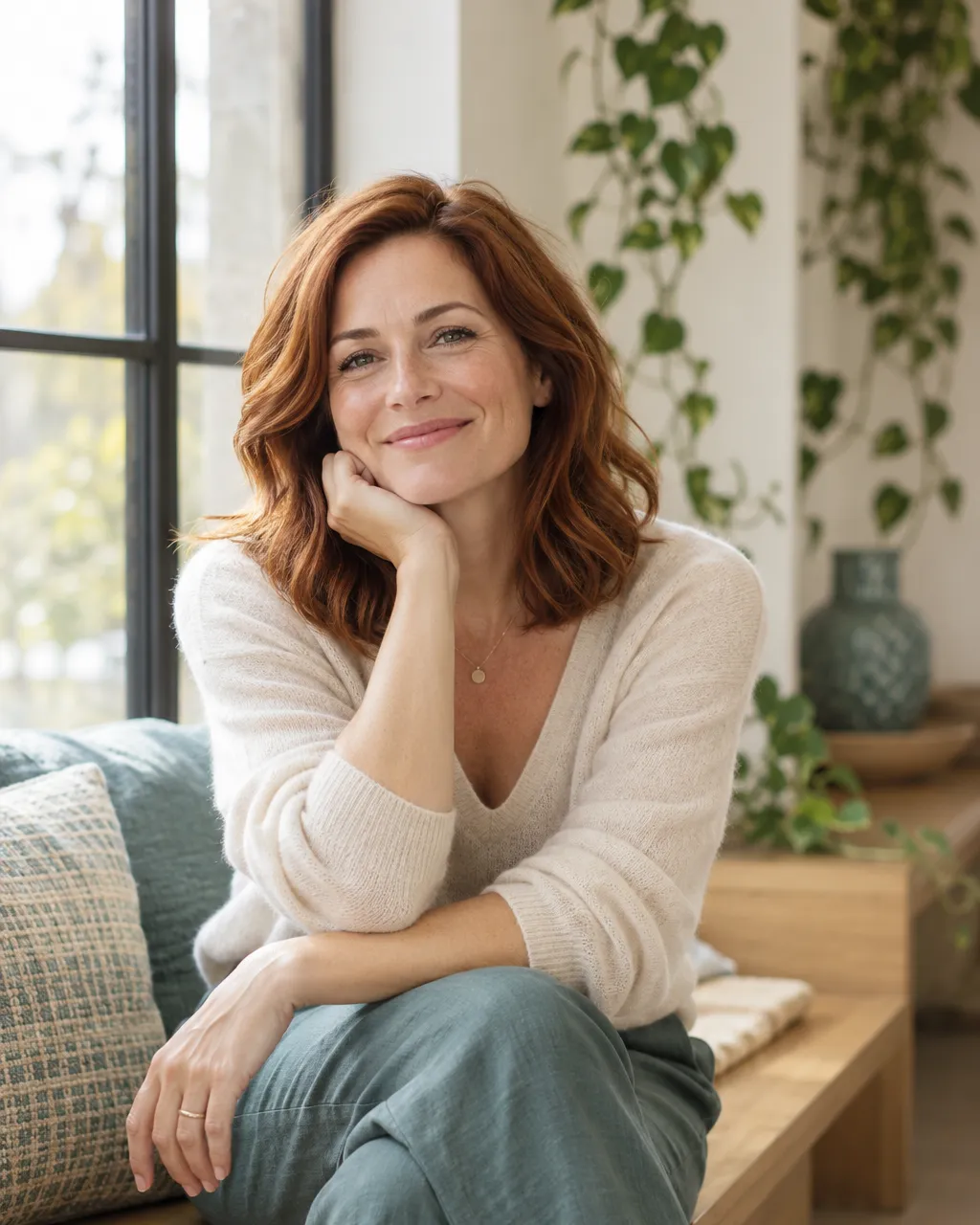 A woman in her early forties with shoulder-length auburn hair and a relaxed genuine smile, seated by a large window…