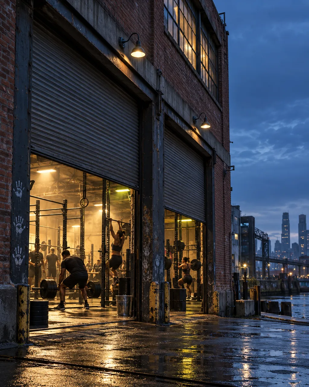 Exterior of an old brick foundry warehouse in Gowanus Brooklyn at dusk, rolling steel doors half open revealing a…
