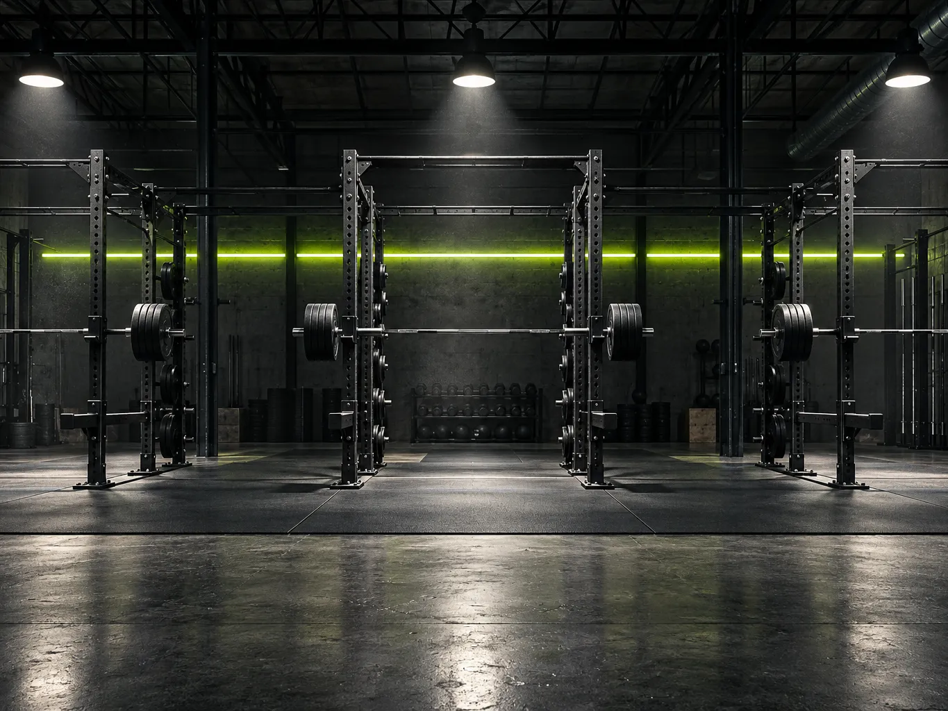 Row of steel squat racks under industrial beams